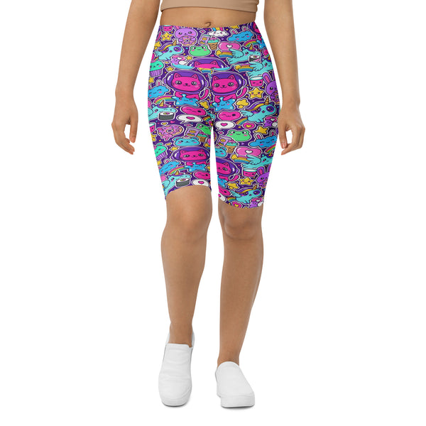 Women's kawaii space cats printed bike shorts front view