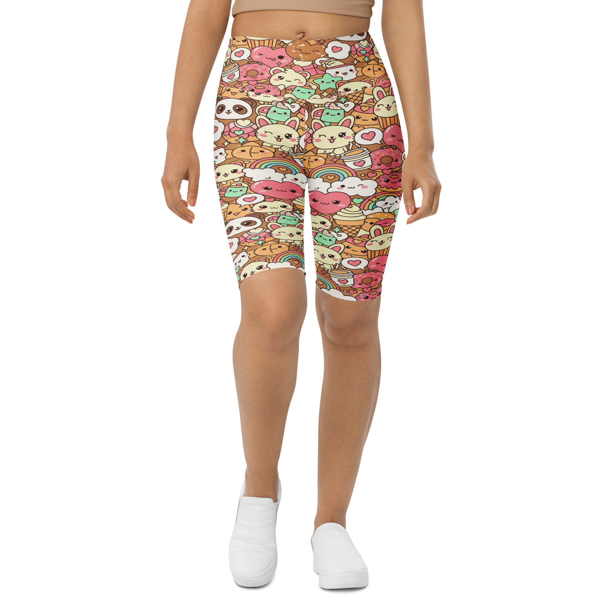 Women's kawaii coffee break printed bike shorts front view