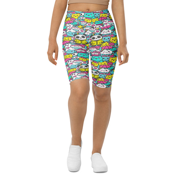 Women's kawaii rainy day printed bike shorts front view