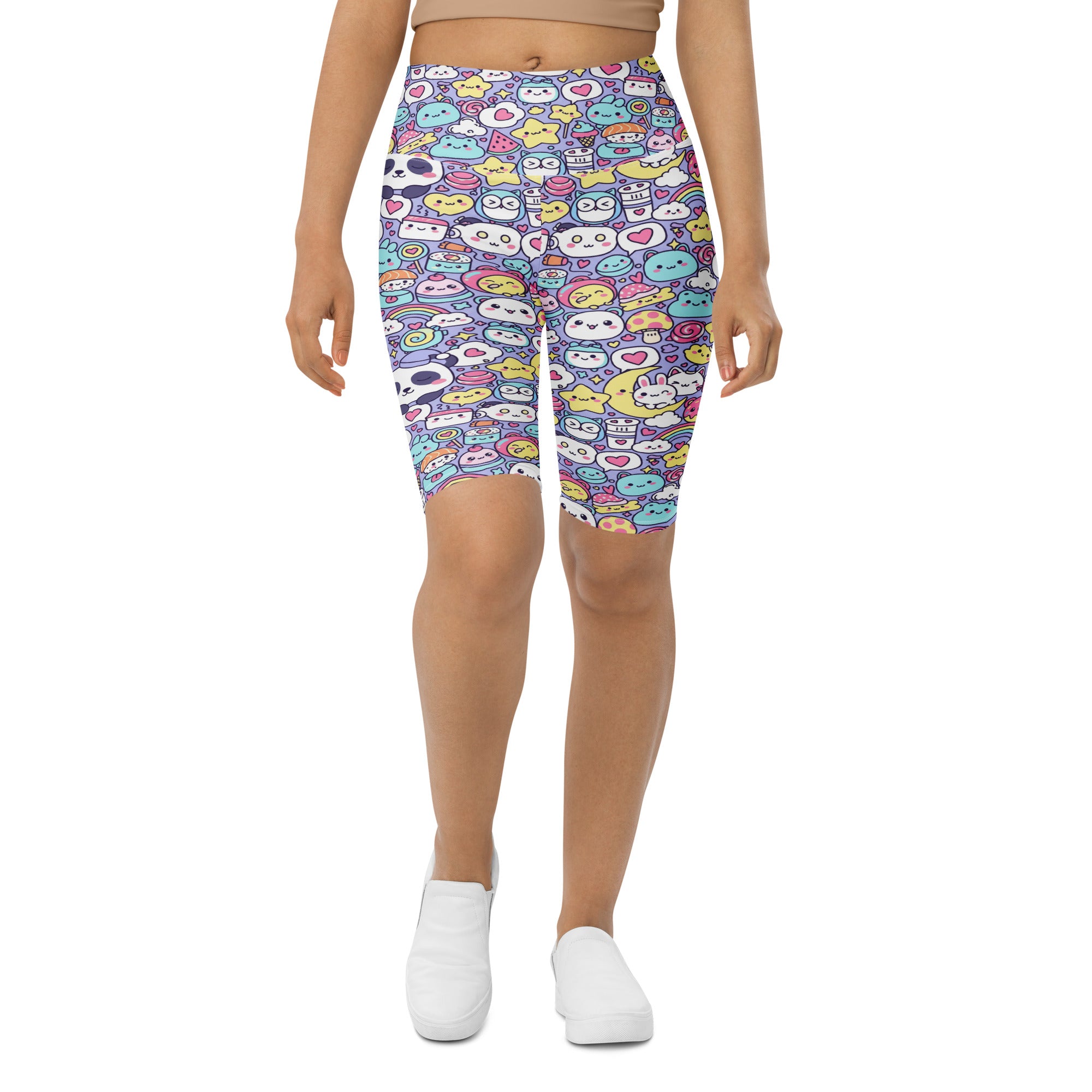 Women's kawaii sleepy time printed bike shorts front view