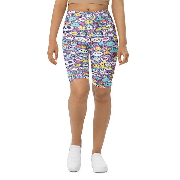 Women's kawaii sleepy time printed bike shorts front view