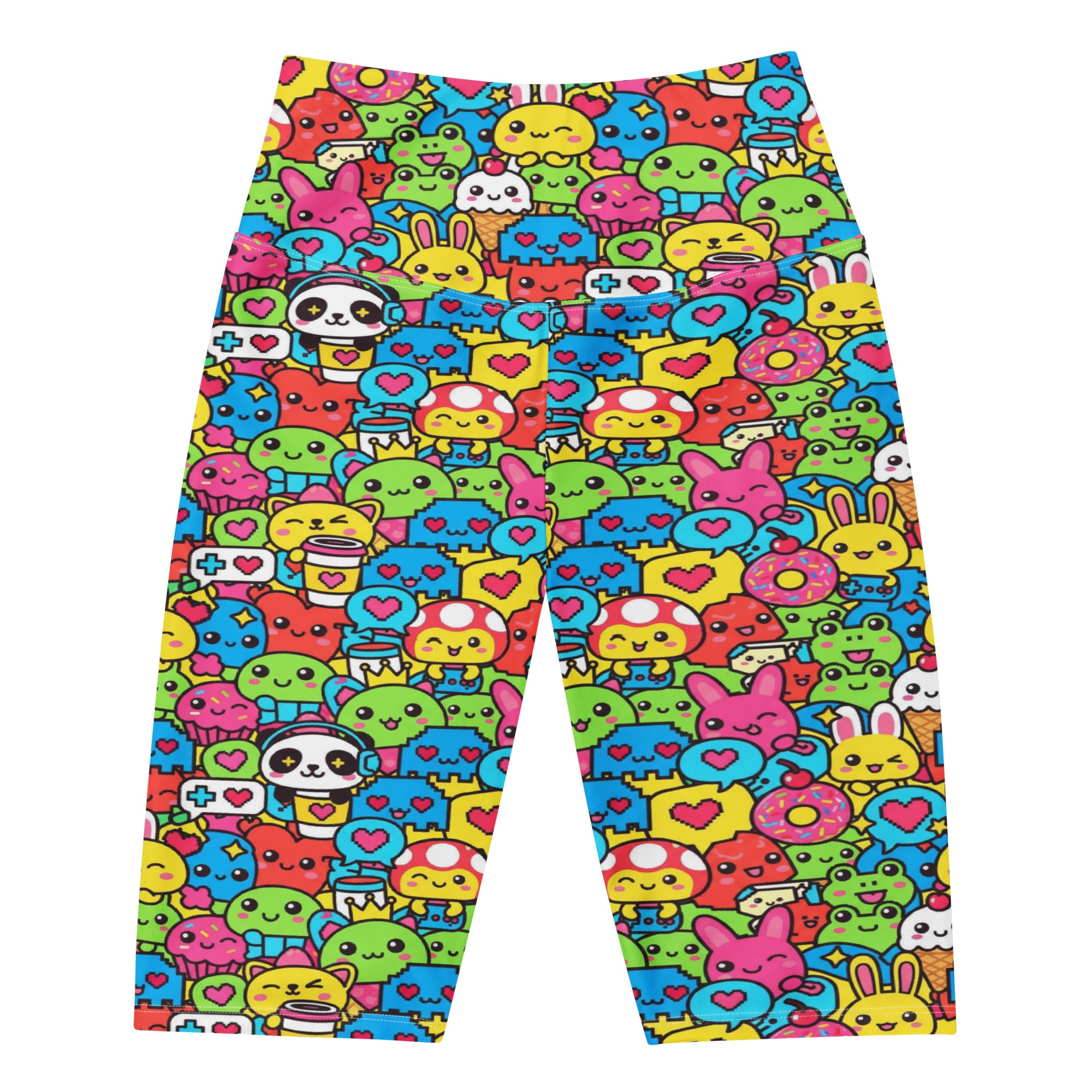 Women's kawaii arcade game printed bike shorts front view