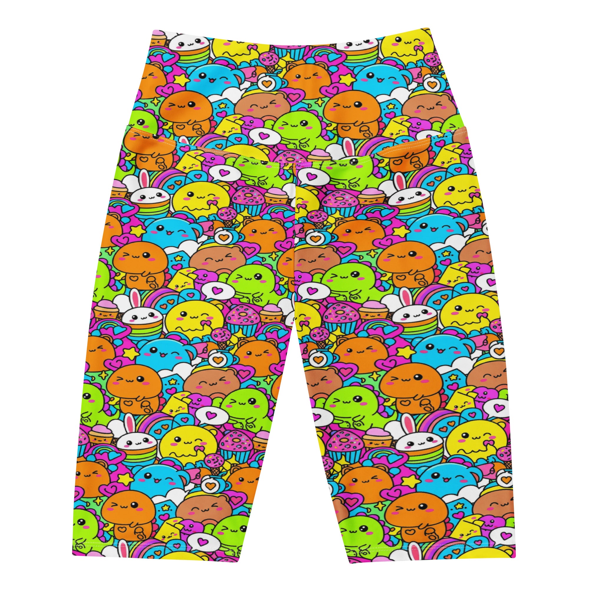 Women's kawaii dinosaur stomp printed bike shorts front view