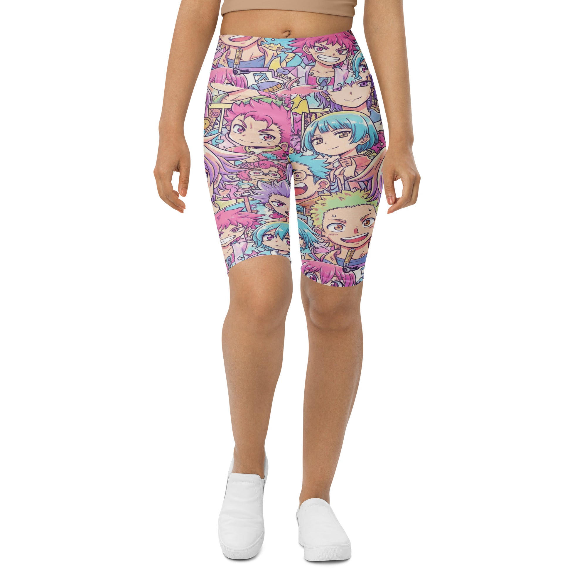 Women's anime collage pastel dream printed bike shorts front view