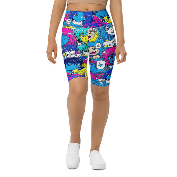 Women's anime collage neon tokyo printed bike shorts front view