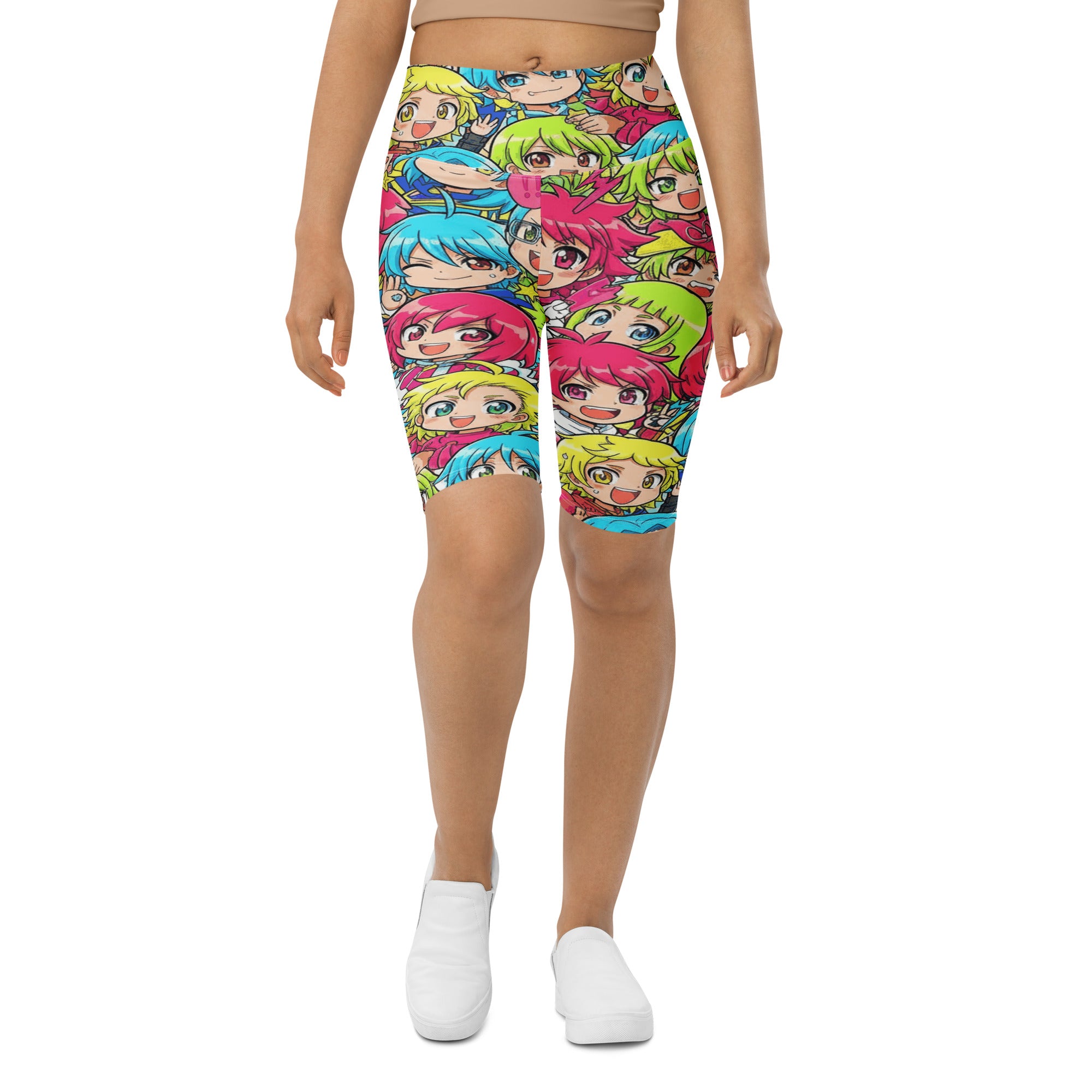 Women's anime collage chibi party printed bike shorts front view