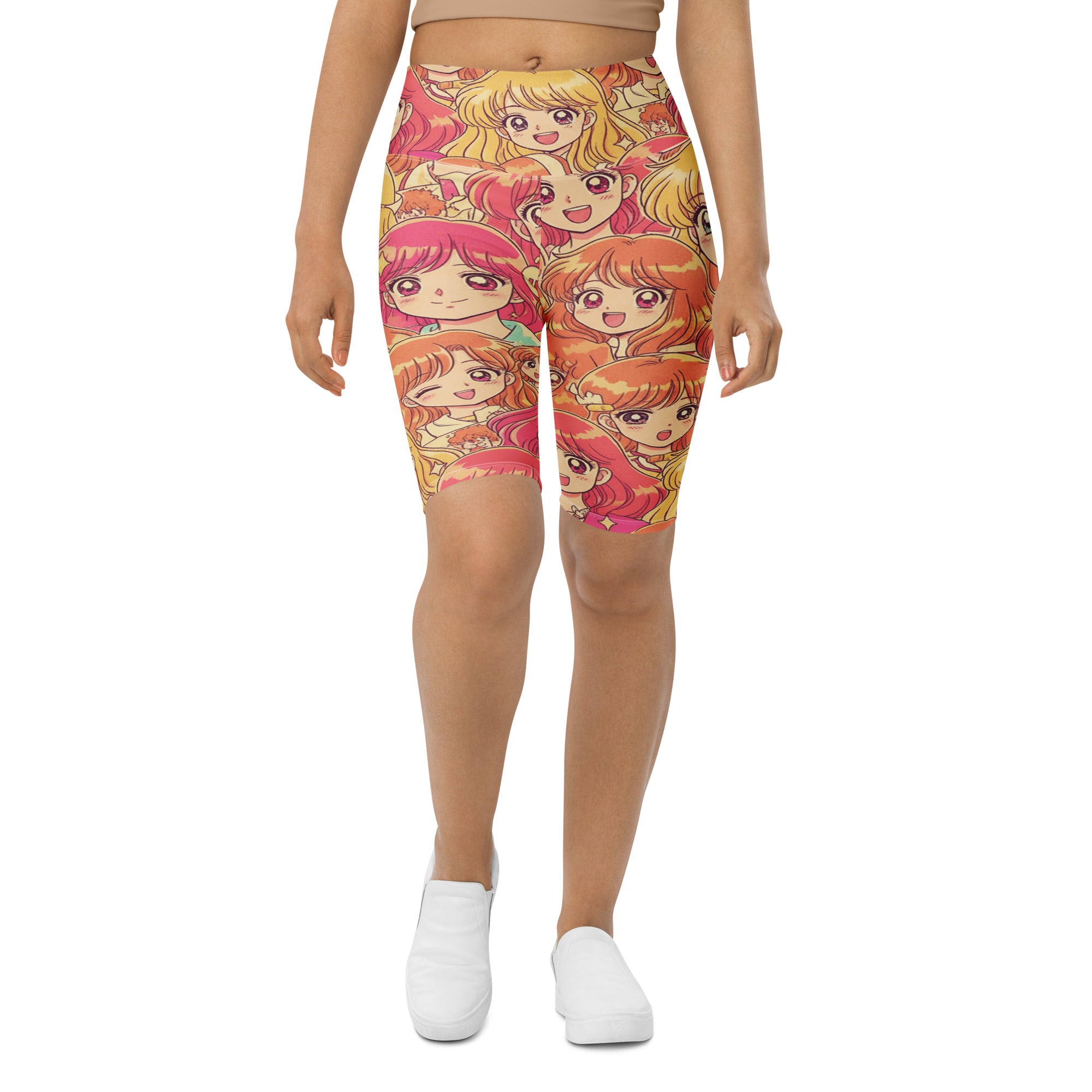 Women's anime collage printed bike shorts front view