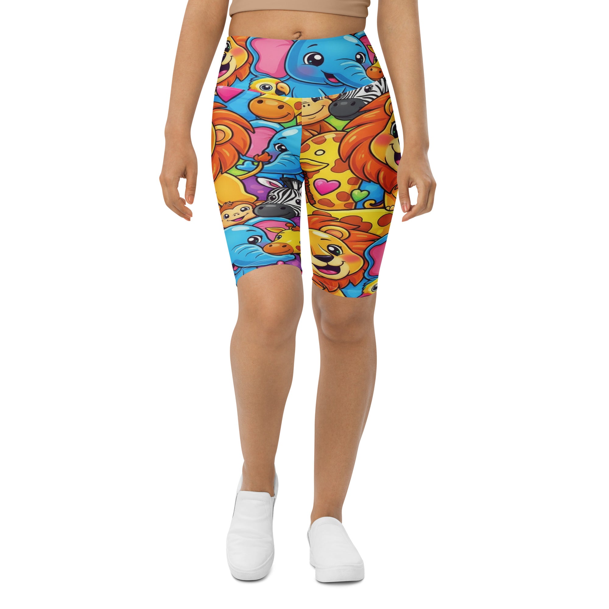 Women's vibrant jungle safari printed bike shorts front view