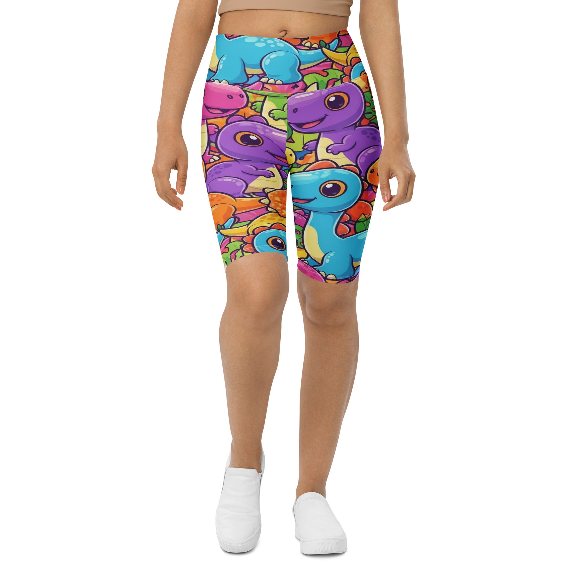 Women's vibrant dinosaur stomp bike shorts front view