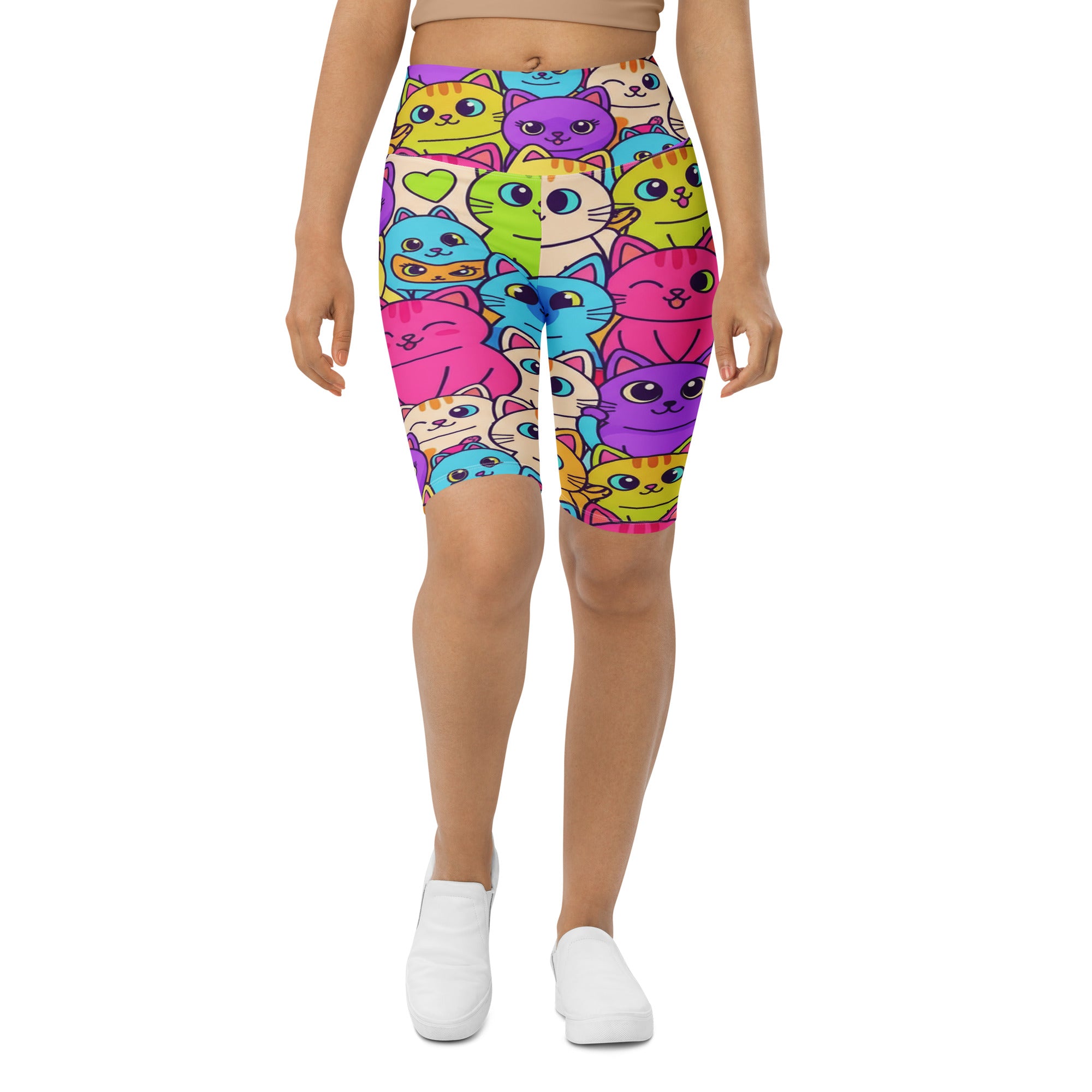 Women's vibrant cats everywhere printed bike shorts front view