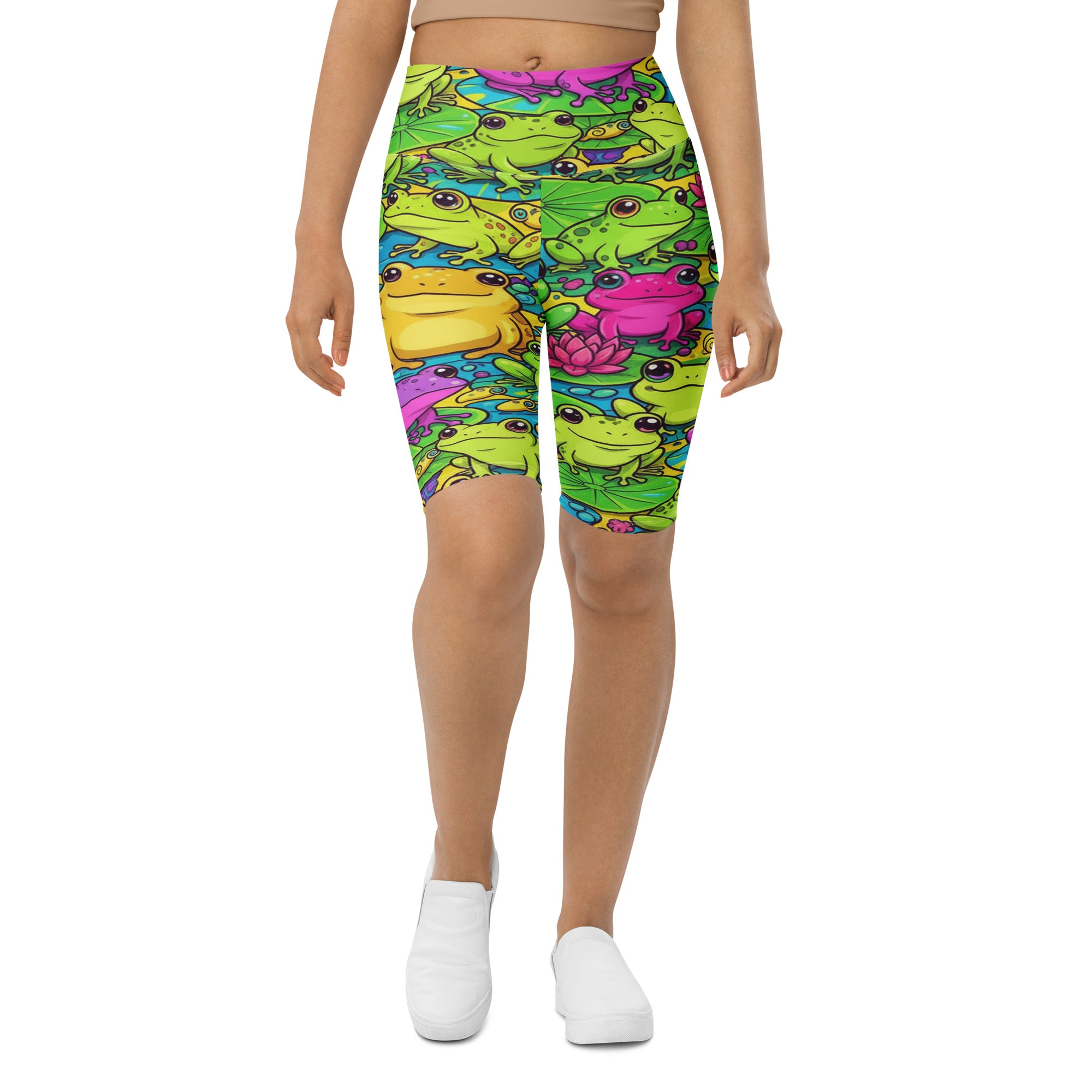 Women's vibrant frog pond printed bike shorts front view