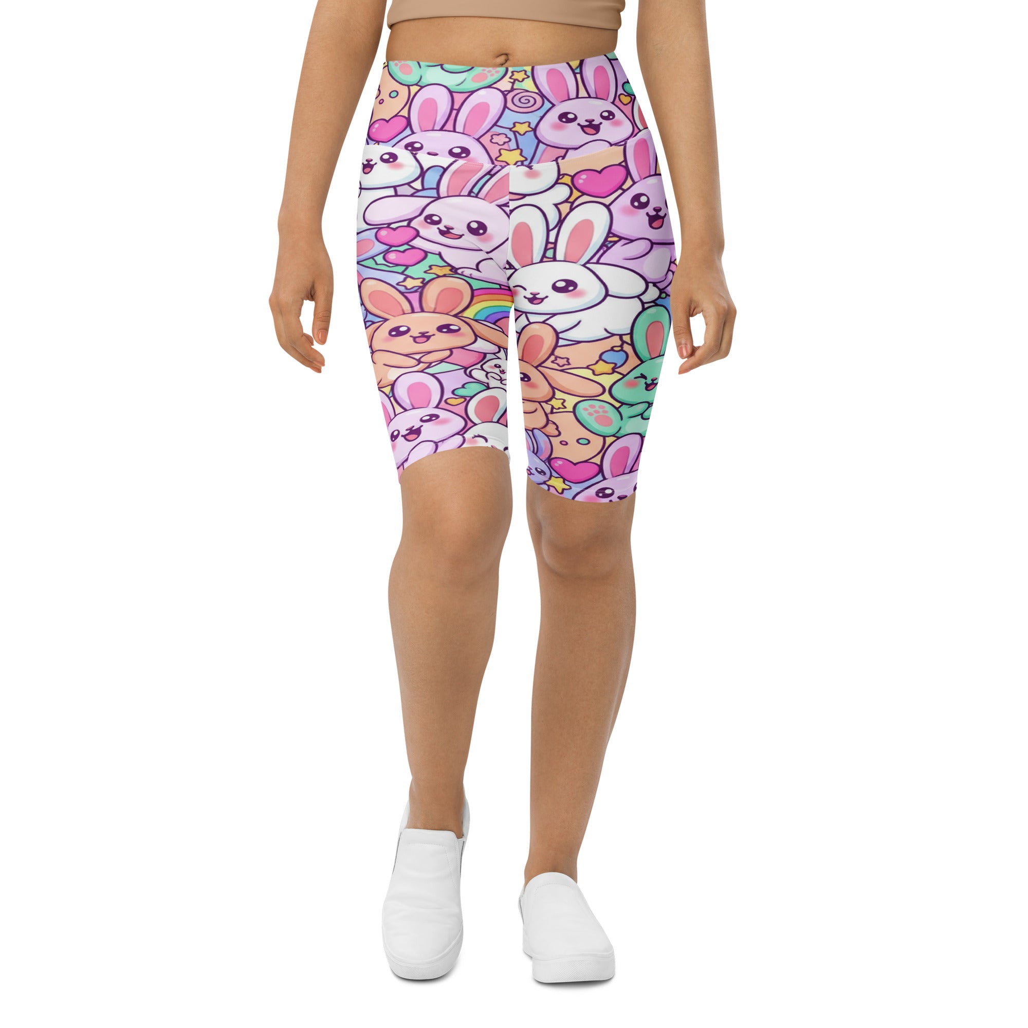 Women's vibrant bunny hop printed bike shorts front view