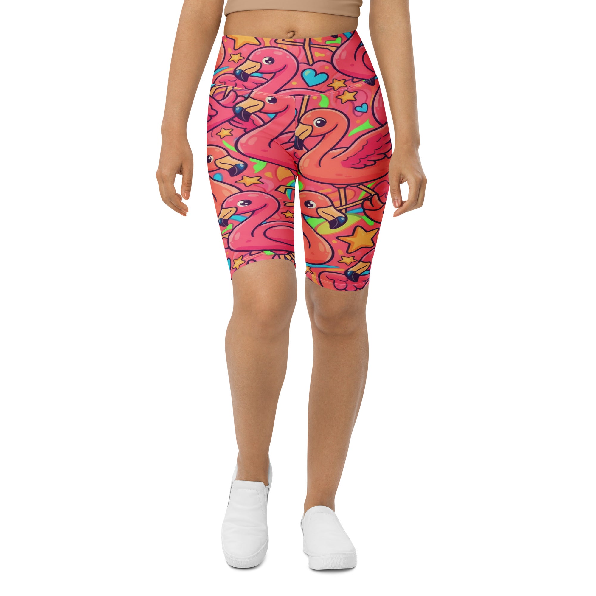 Women's Vibrant Flamingo Flock Bike Shorts front view