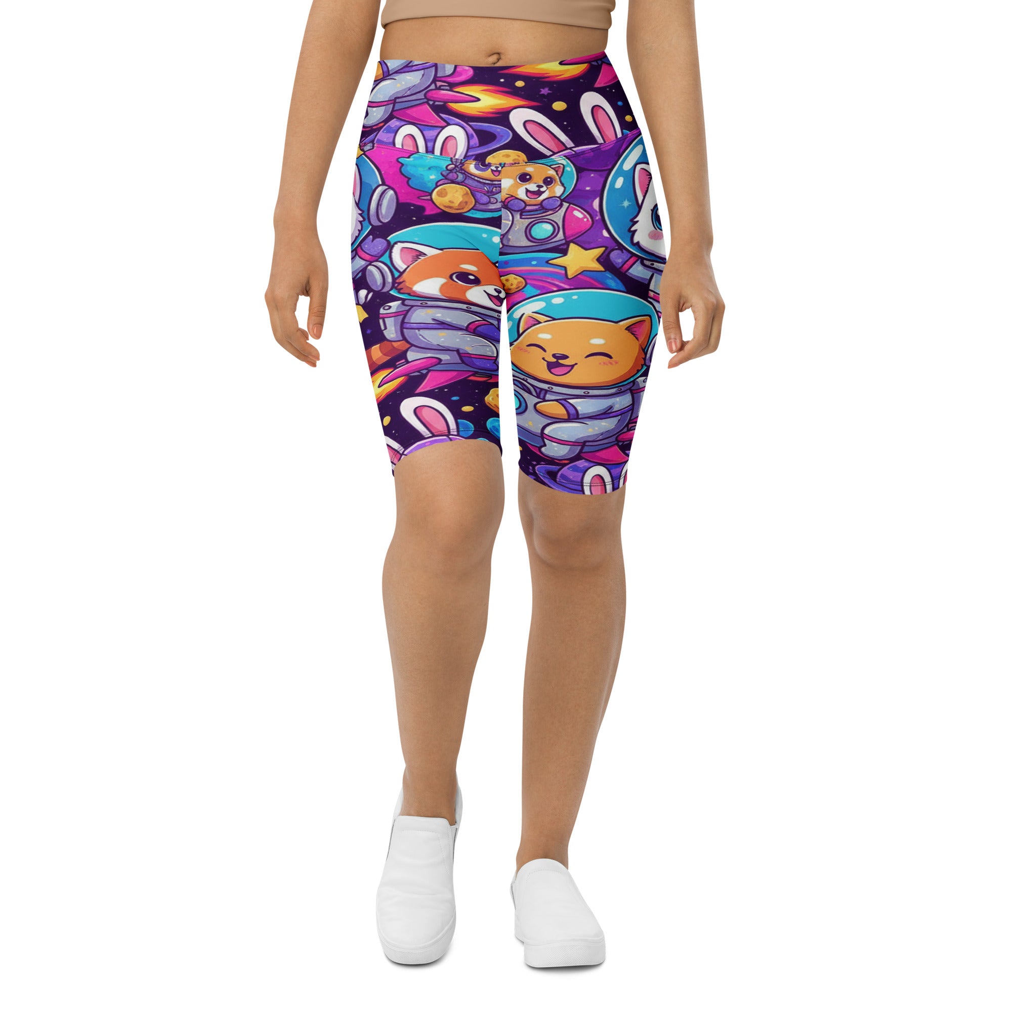 Women's vibrant space animals bike shorts front view