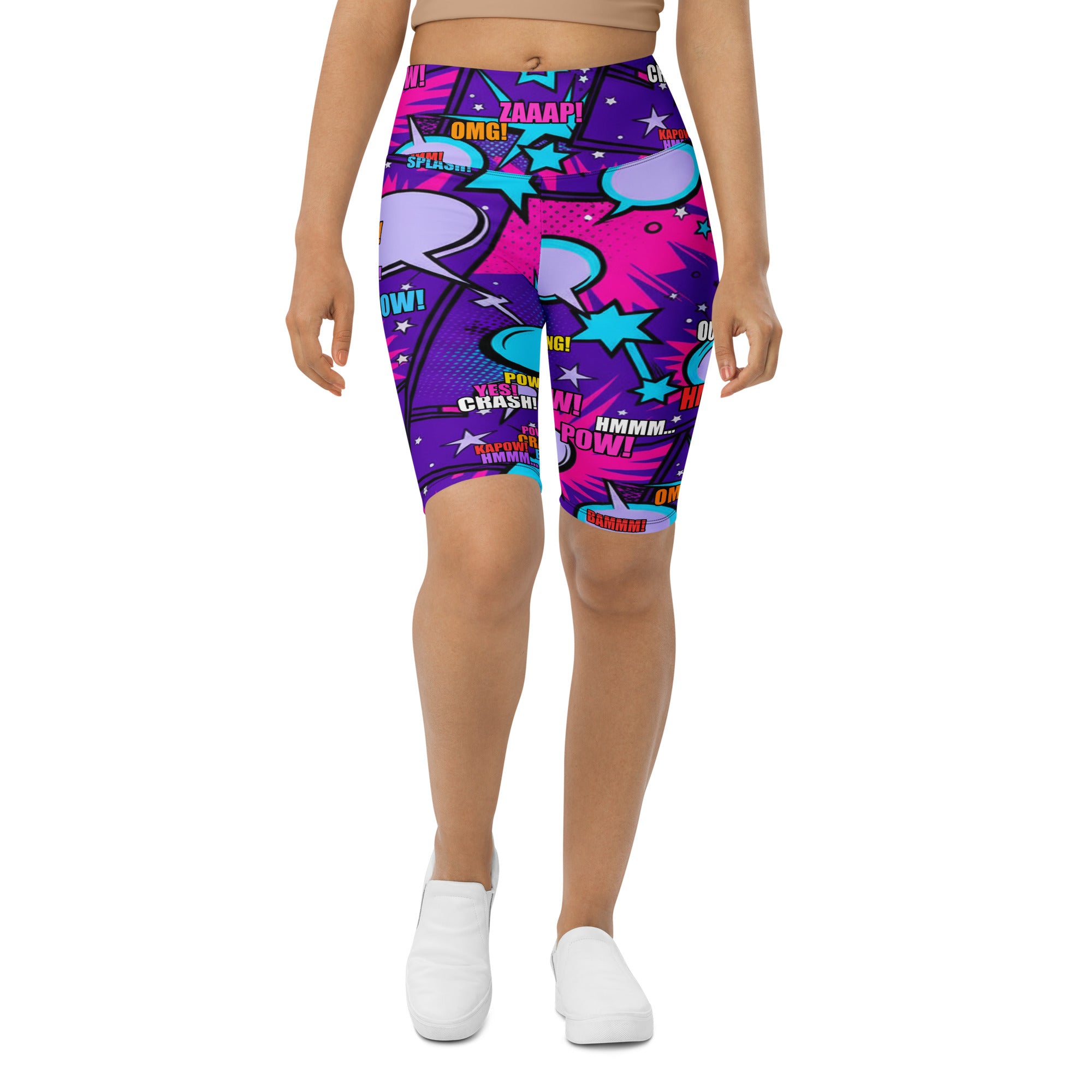 Women's comic pop galaxy purple bike shorts front view