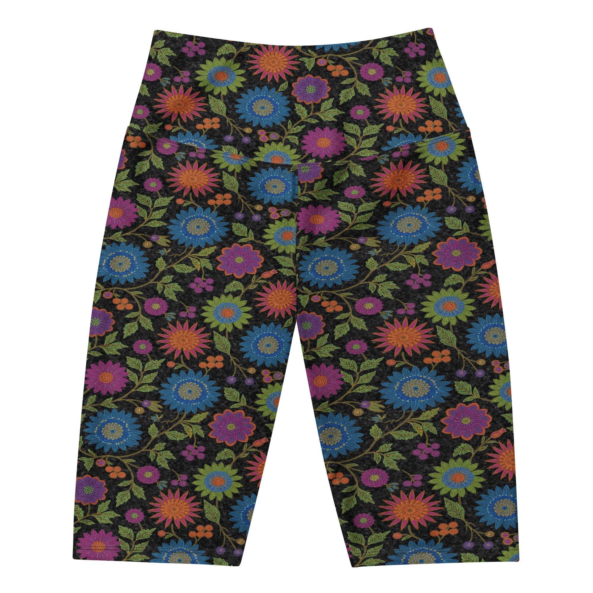 Women's rainbow paillette botanical bike shorts front view