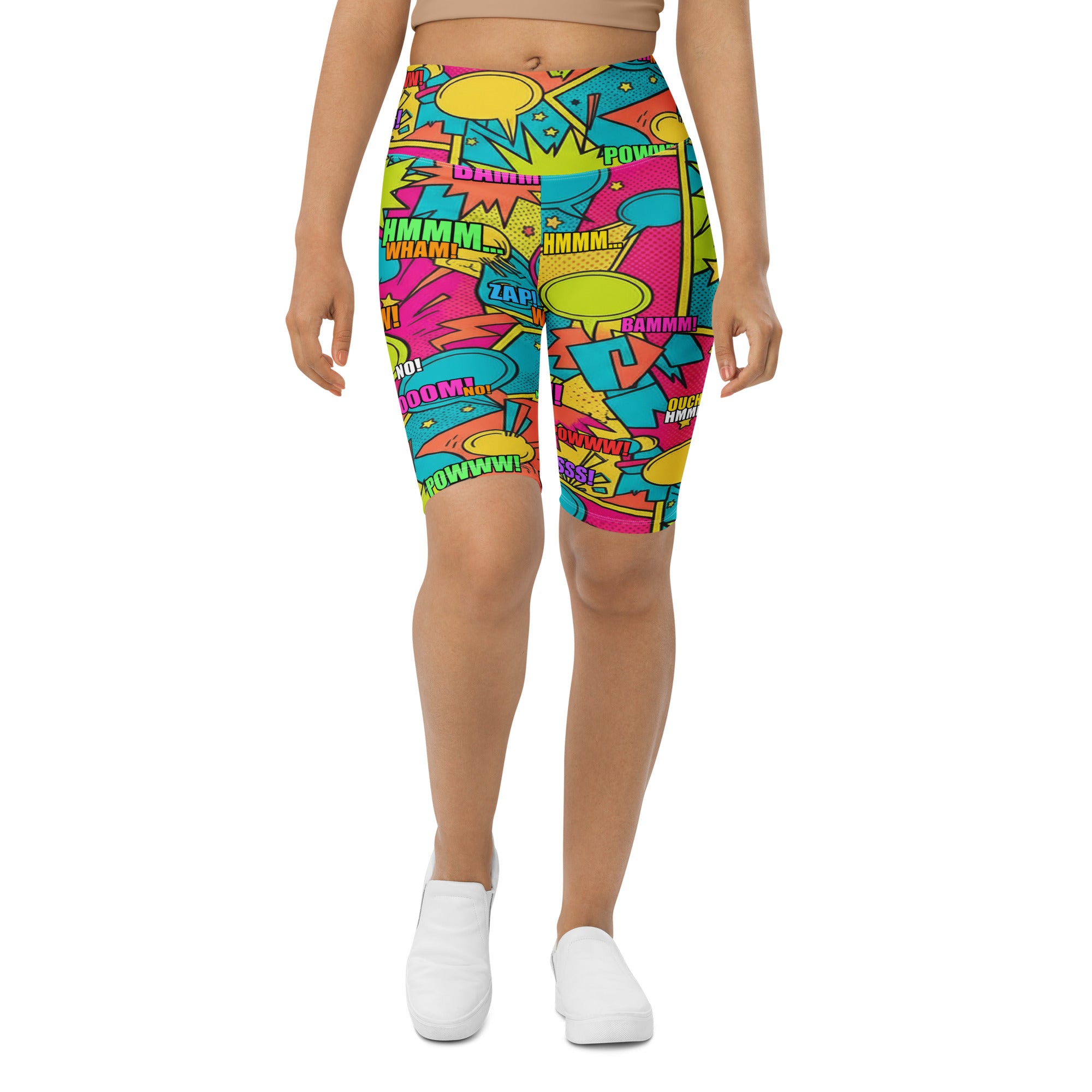Women's comic pop tropical printed bike shorts front view