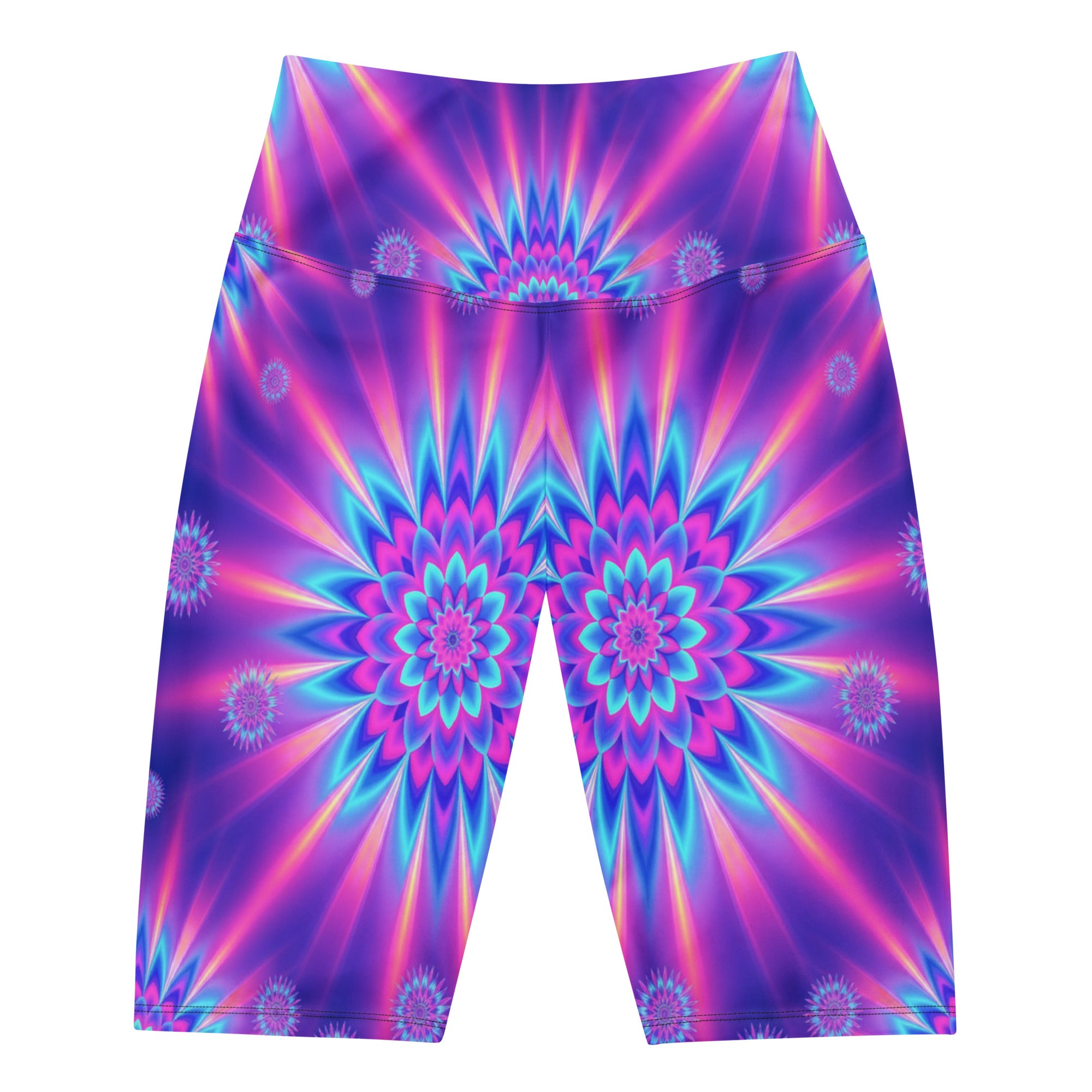 Women's psychedelic vaporwave dream printed bike shorts front view