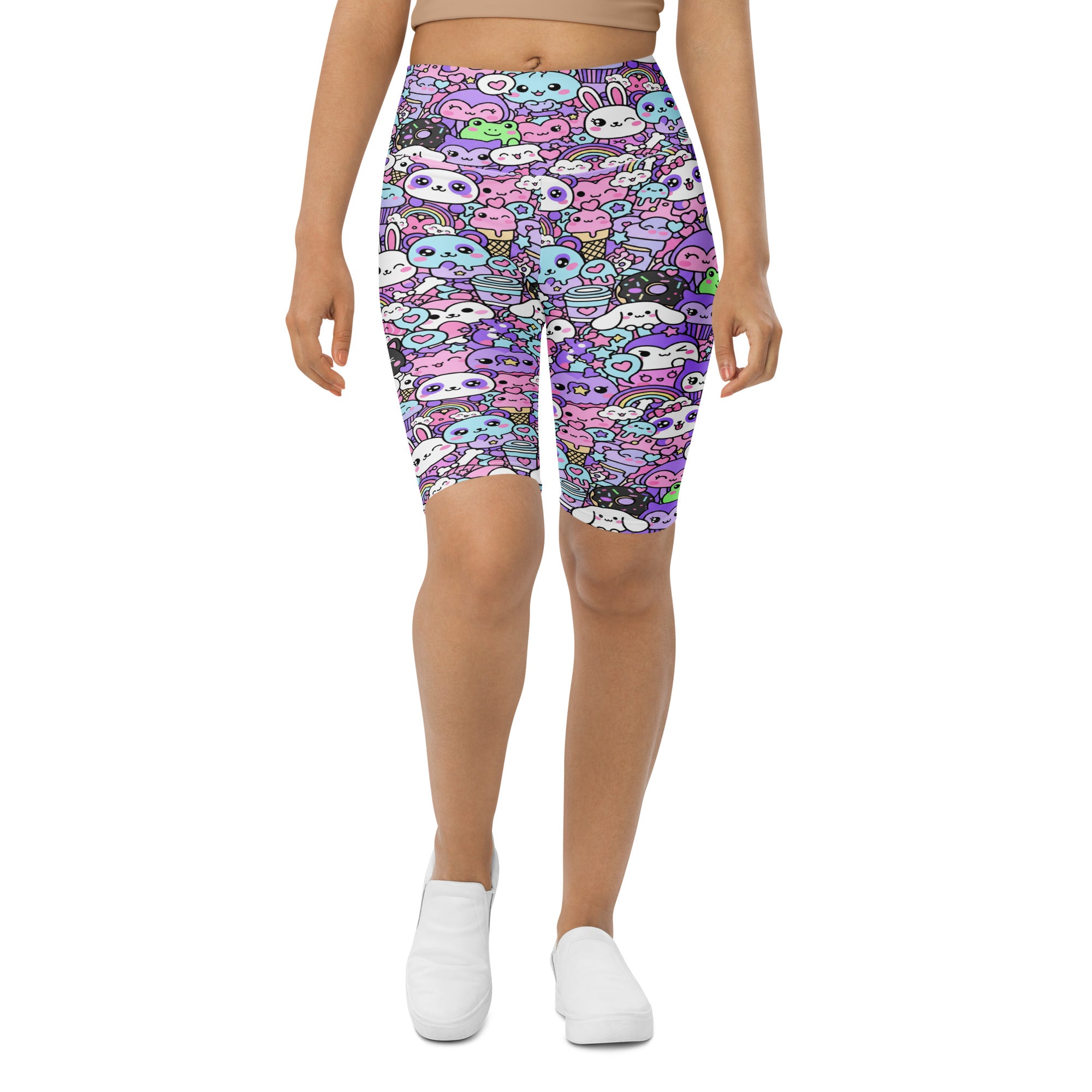 Women's kawaii pastel goth printed bike shorts front view