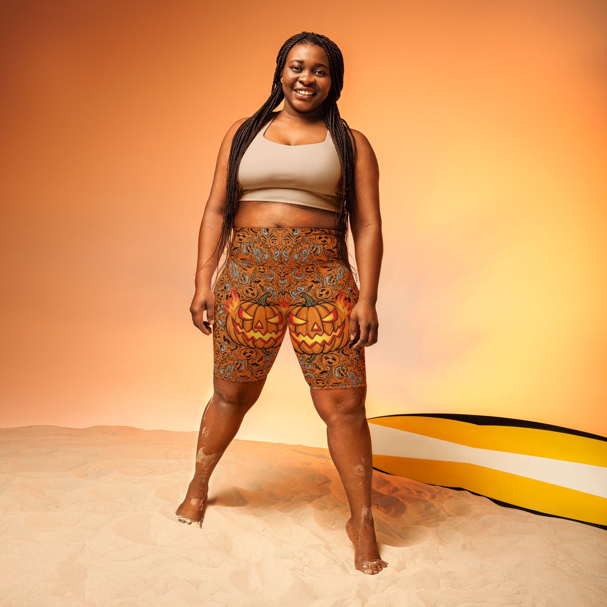 Women's carved jack-o-lantern glow printed bike shorts front view