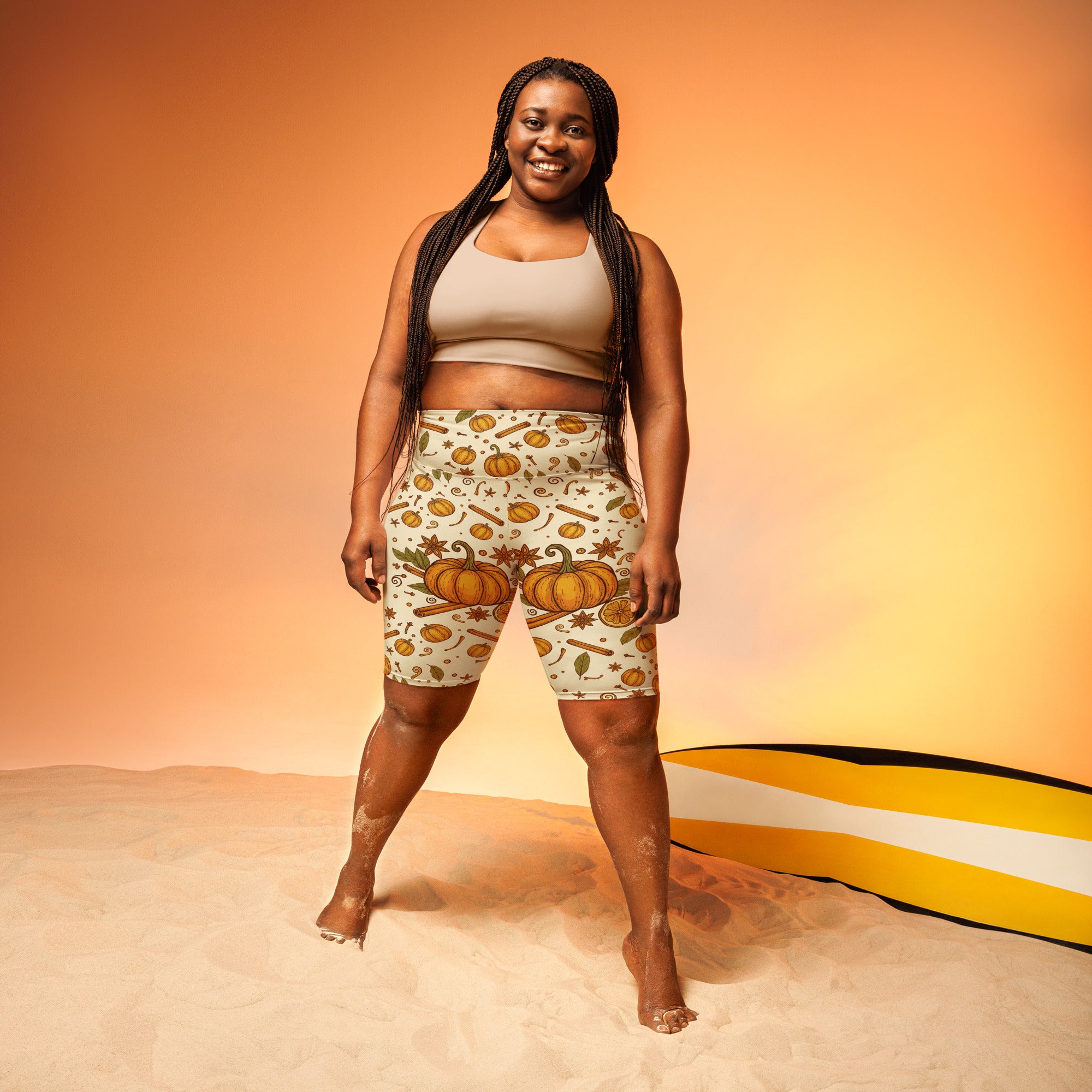 Women's pumpkin spice botanical bike shorts front view
