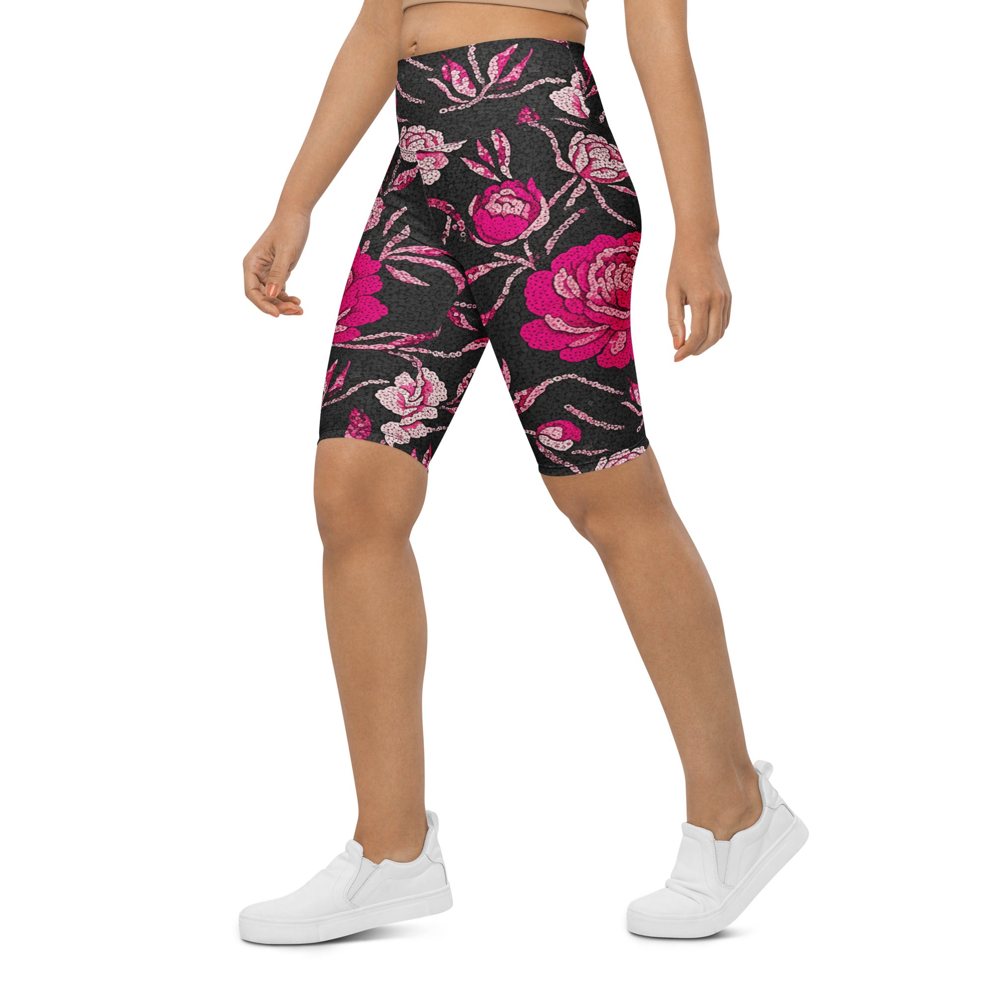 Pink Peony Paillette Bike Shorts | GearBunch