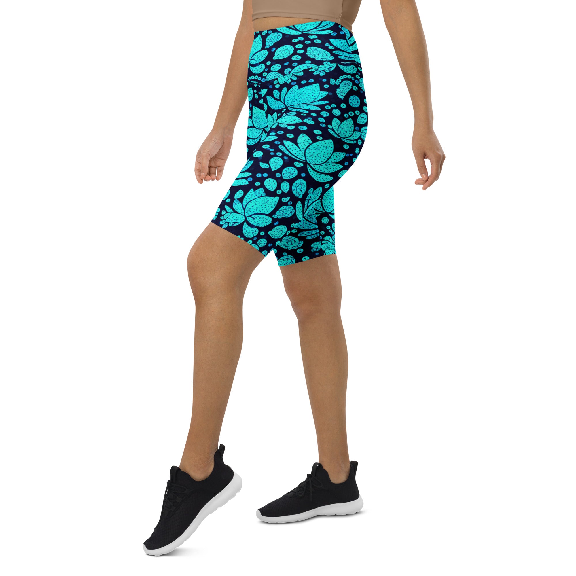 Teal Paillette Lotus Bike Shorts | GearBunch