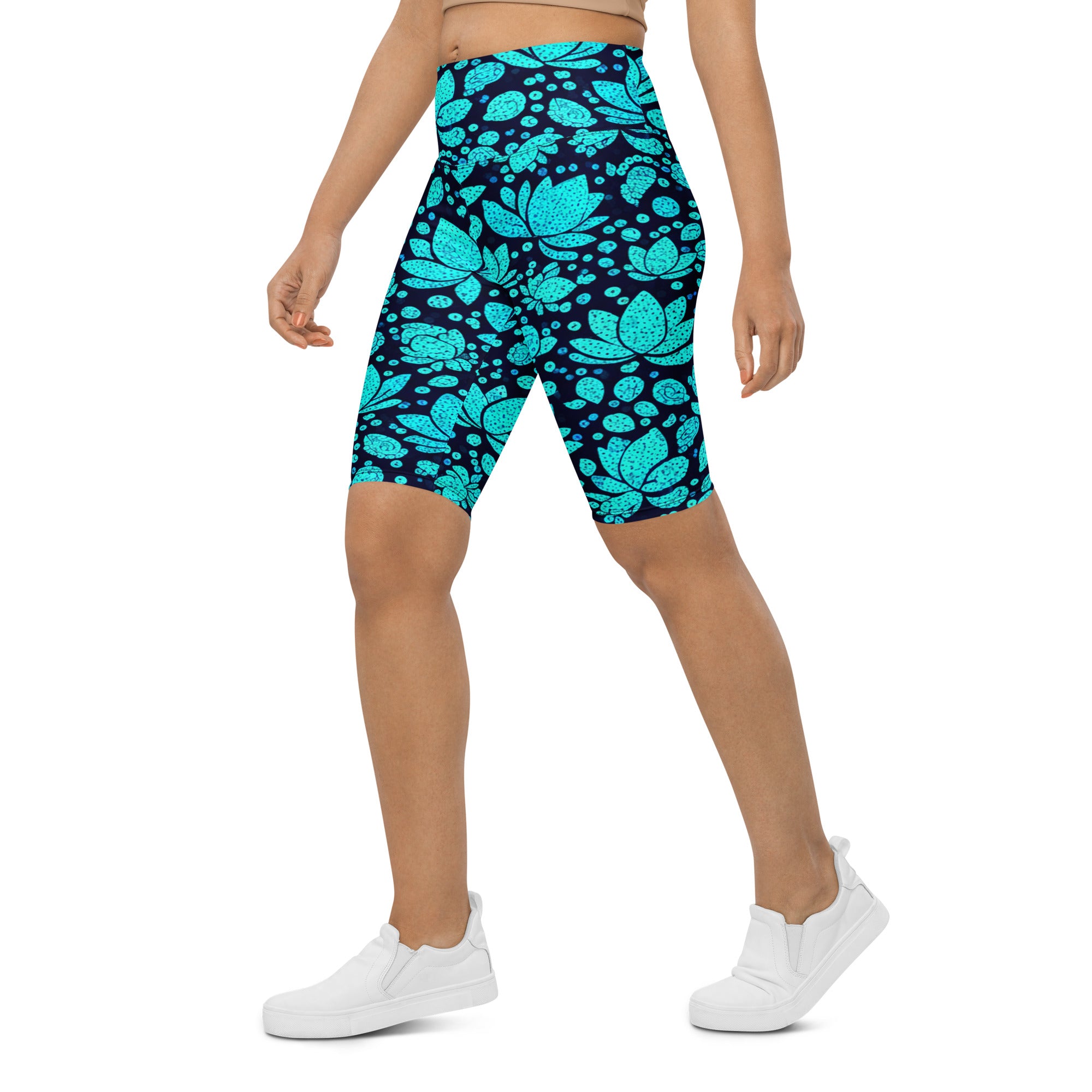 Teal Paillette Lotus Bike Shorts | GearBunch