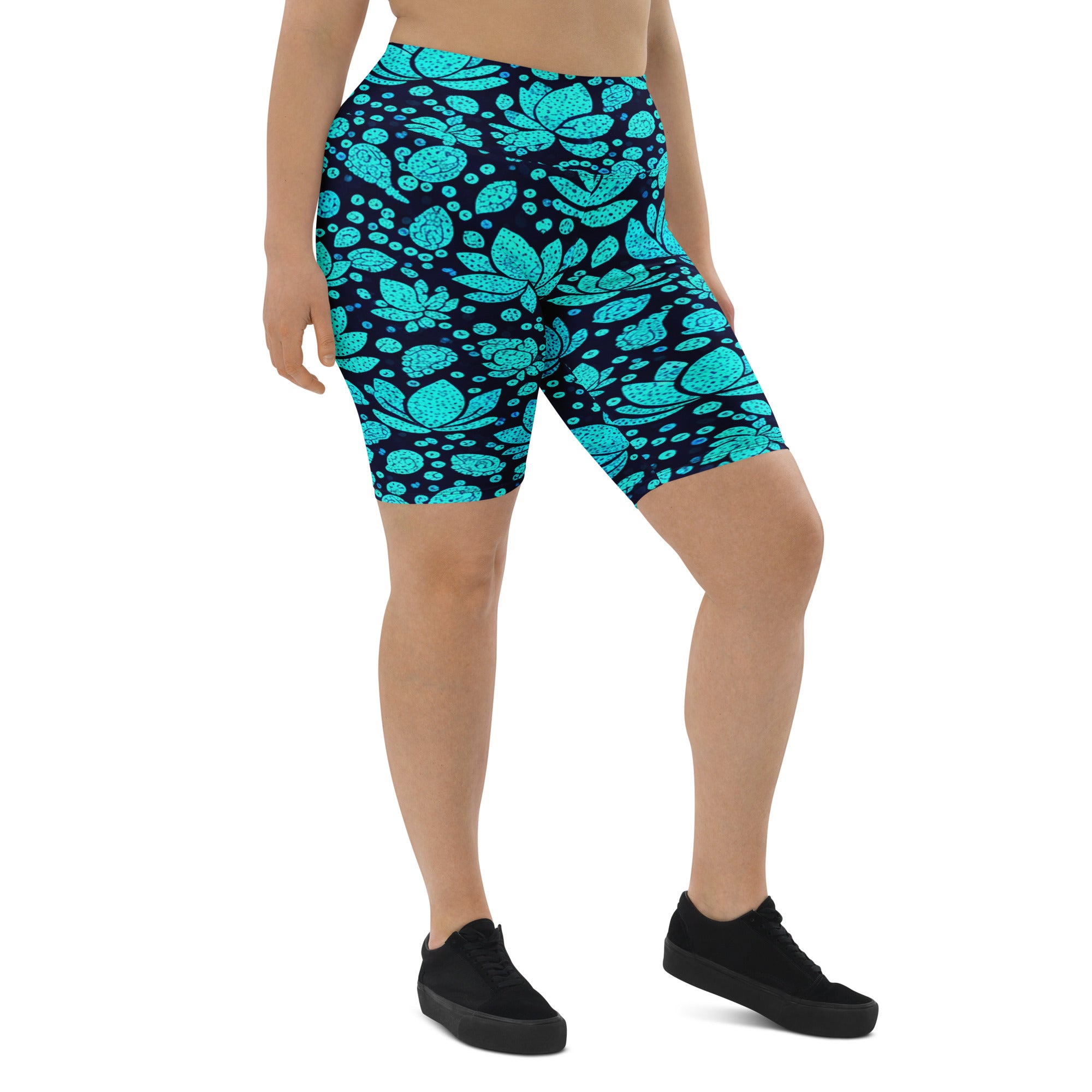 Teal Paillette Lotus Bike Shorts | GearBunch