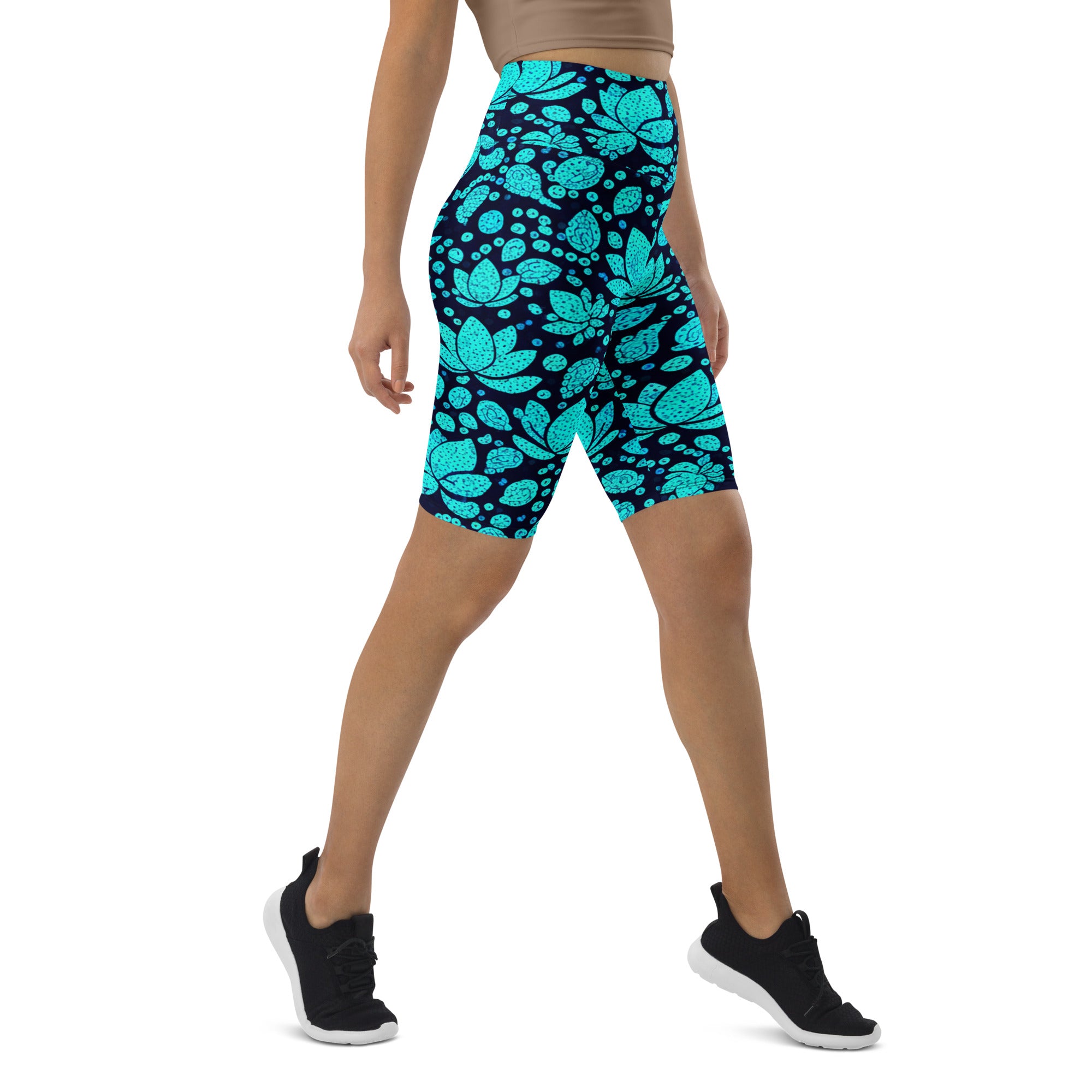 Teal Paillette Lotus Bike Shorts | GearBunch