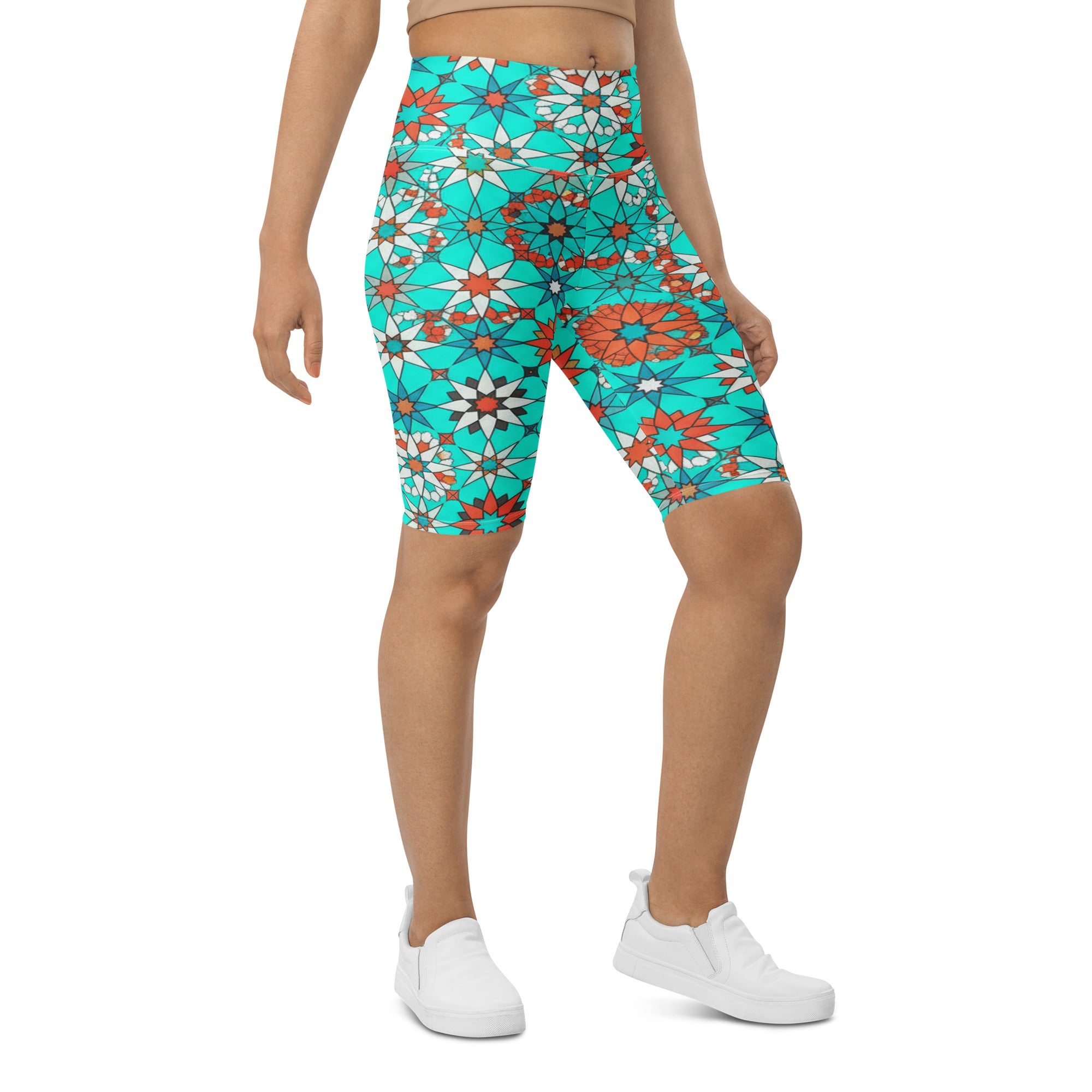Zellige Turquoise Coral Bike Shorts | GearBunch