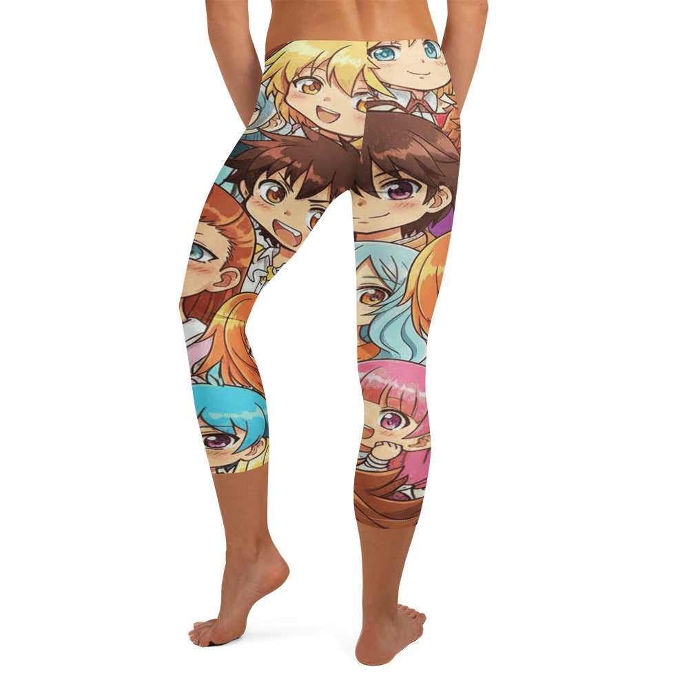 Vibrant anime collage pattern featuring cats and cafe elements on GearBunch Capri Leggings.
