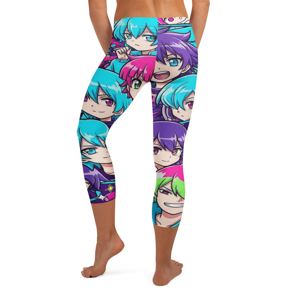Ultra-vibrant Anime Collage Cyberpunk Capri Leggings from GearBunch, featuring a colourful all-over print design.