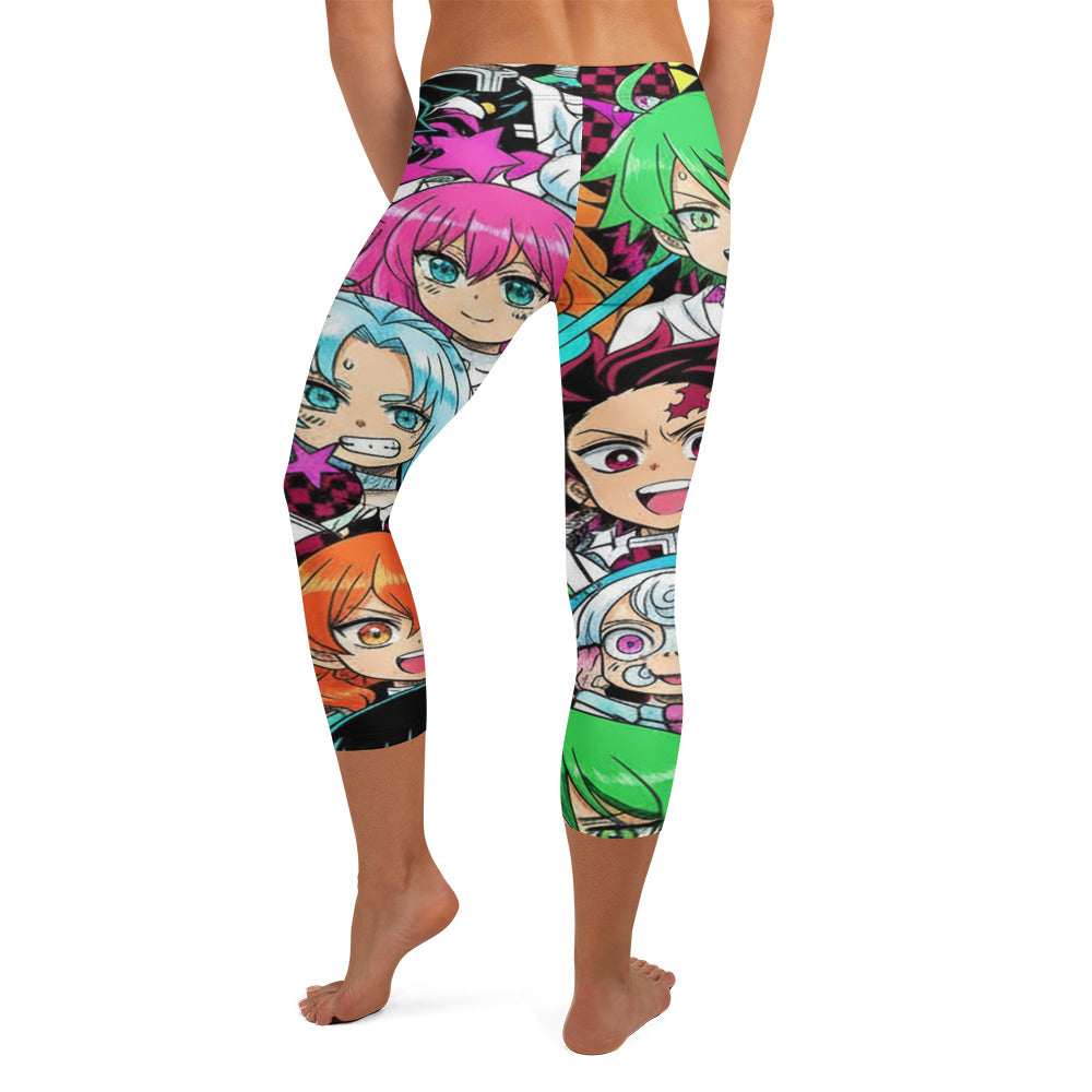 Anime Collage Demon Slayer Style Capri Leggings from GearBunch, featuring a bright and colourful anime design.