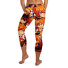 Ultra-vibrant anime collage print on GearBunch Capri Leggings with orange, red, and yellow fire spirit theme.