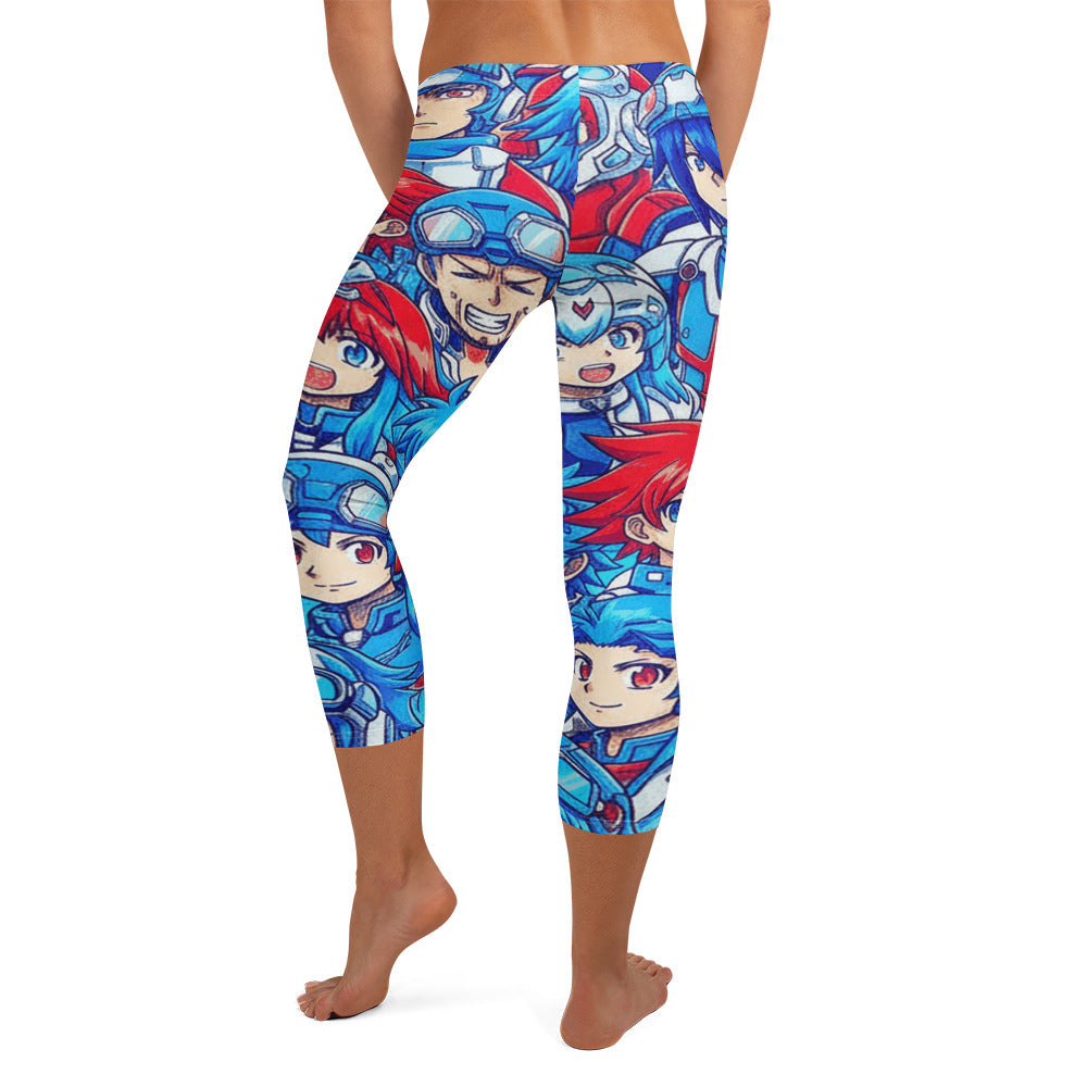 High-energy Anime Mecha Pilot print GearBunch Capri Leggings featuring manga-style characters and bold graphics.