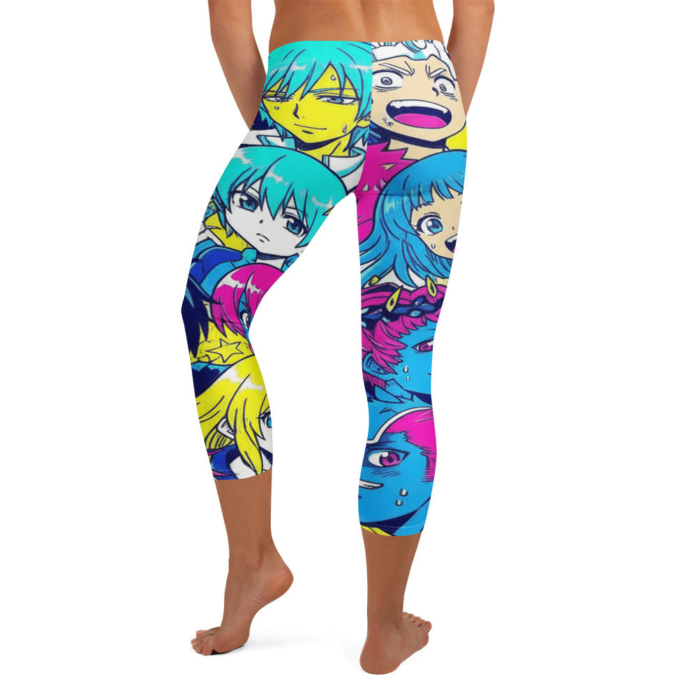 Vibrant Anime Collage Neon Tokyo Capri Leggings by GearBunch featuring electric blue, neon pink, and hot green manga graphics