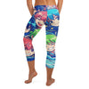 Vibrant anime collage and ocean wave pattern on GearBunch Capri Leggings, perfect for workouts or casual wear.