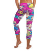 Eye-catching anime collage pattern on GearBunch Capri Leggings, featuring original pop idol character designs and vibrant colours.