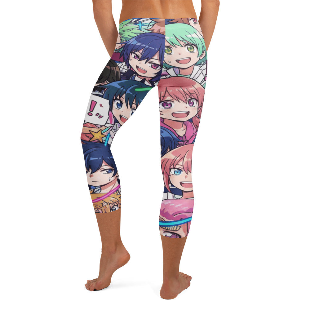 Vibrant anime collage pattern on GearBunch Capri Leggings, featuring Sakura School theme, perfect for activewear and anime lovers.