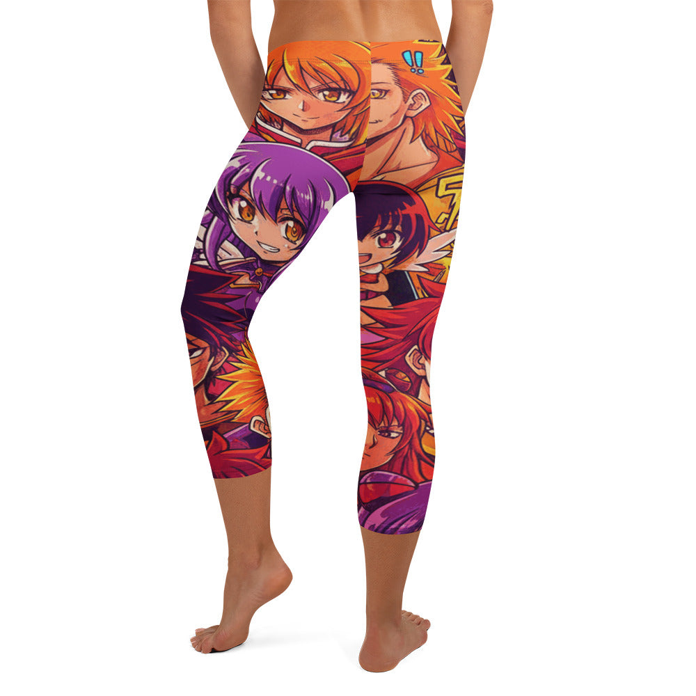 Vibrant anime manga collage print GearBunch Capri Leggings featuring sunset colours and dynamic character art.