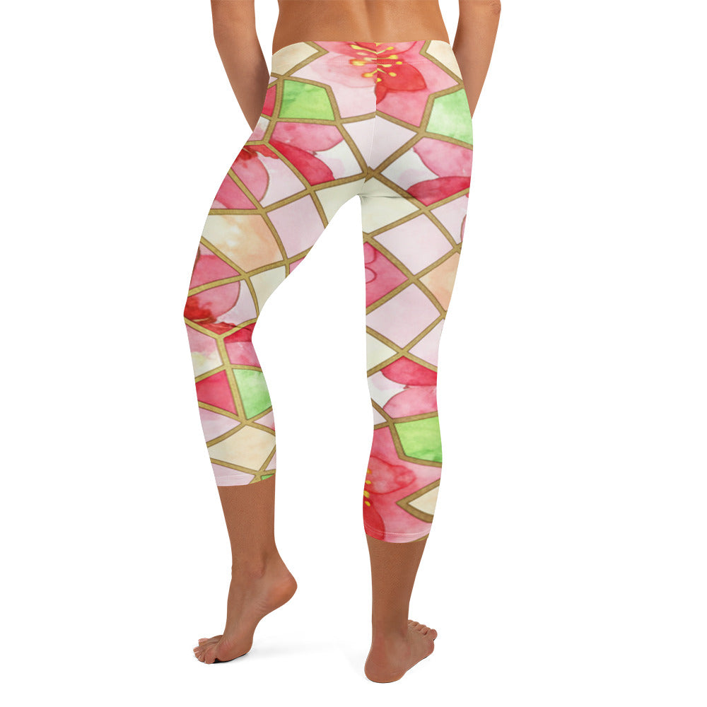 Arabic Watercolour Cherry Blossom Capri Leggings from GearBunch, featuring a pink and gold geometric print.