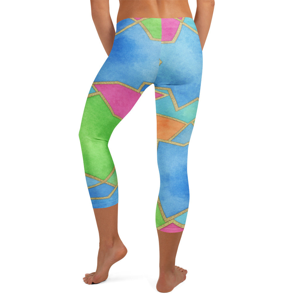 Bold and colourful Arabic Festival Capri Leggings featuring geometric shapes and vivid colours. GearBunch Capri Leggings.