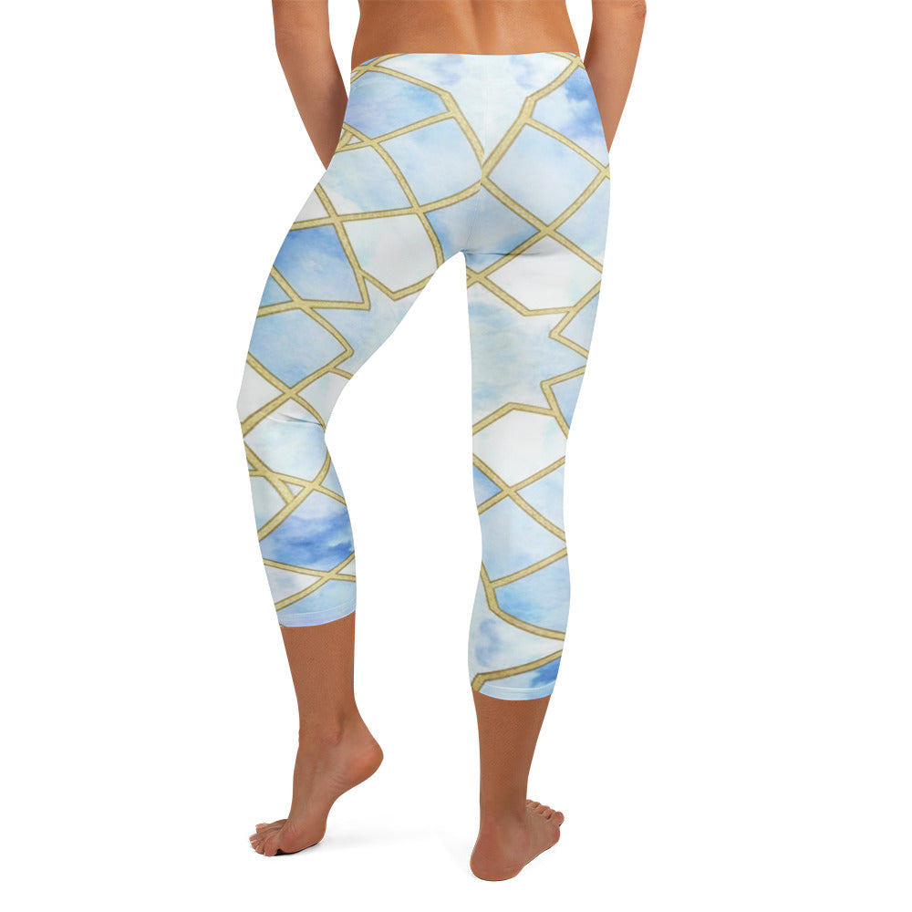 Stunning all-over print Arabic Ice Crystal pattern on GearBunch Capri Leggings, showcasing intricate geometric design and cool colors.
