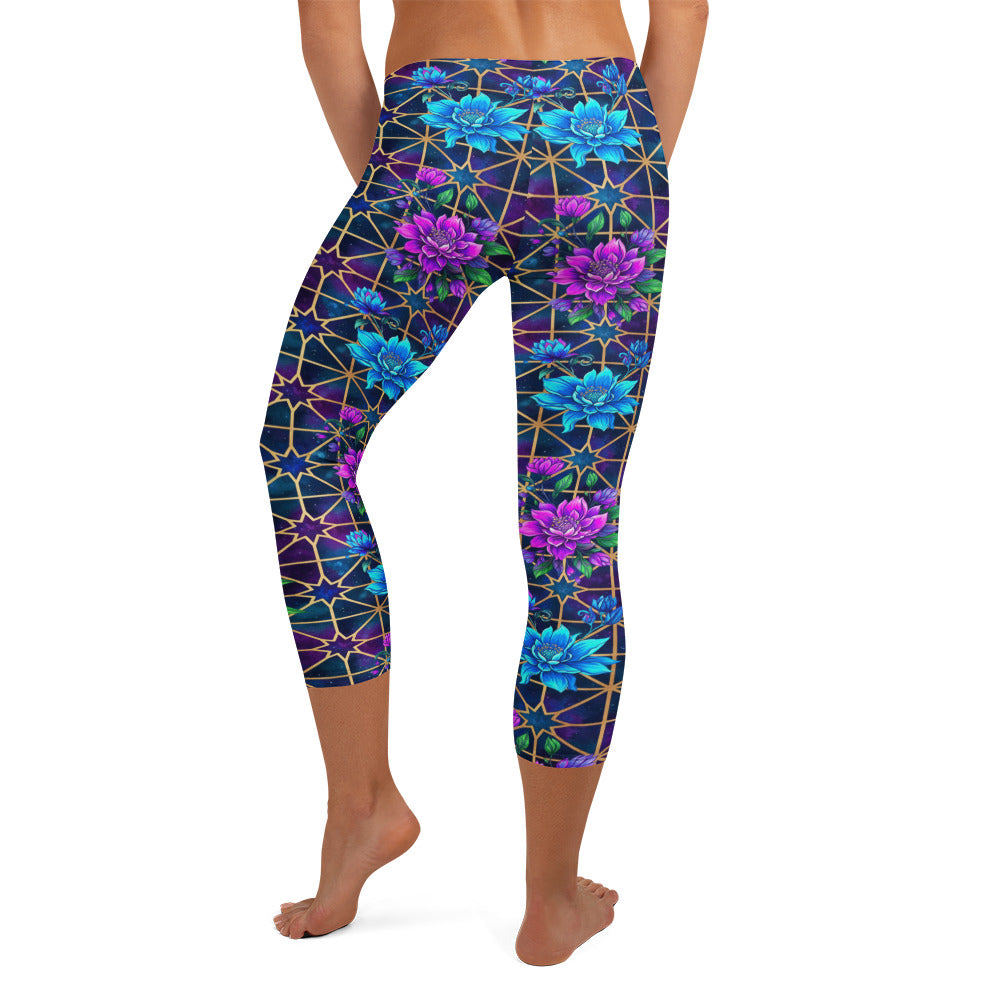 Stunning Arabic-inspired geometric design in navy, purple, and silver on GearBunch Capri Leggings