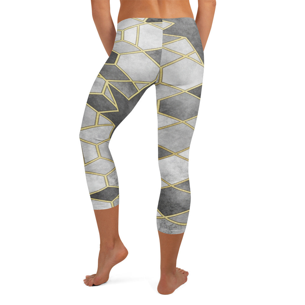 Close-up of Arabic Watercolour Monochrome Luxe Capri Leggings showing geometric details, a GearBunch Capri Leggings design.