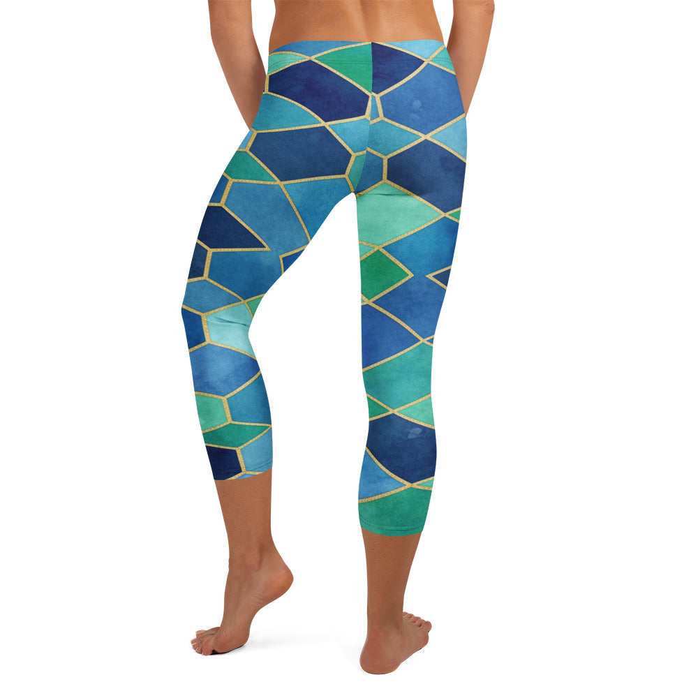 Arabic Watercolour Ocean Blues Capri Leggings by GearBunch: geometric print in blues and gold