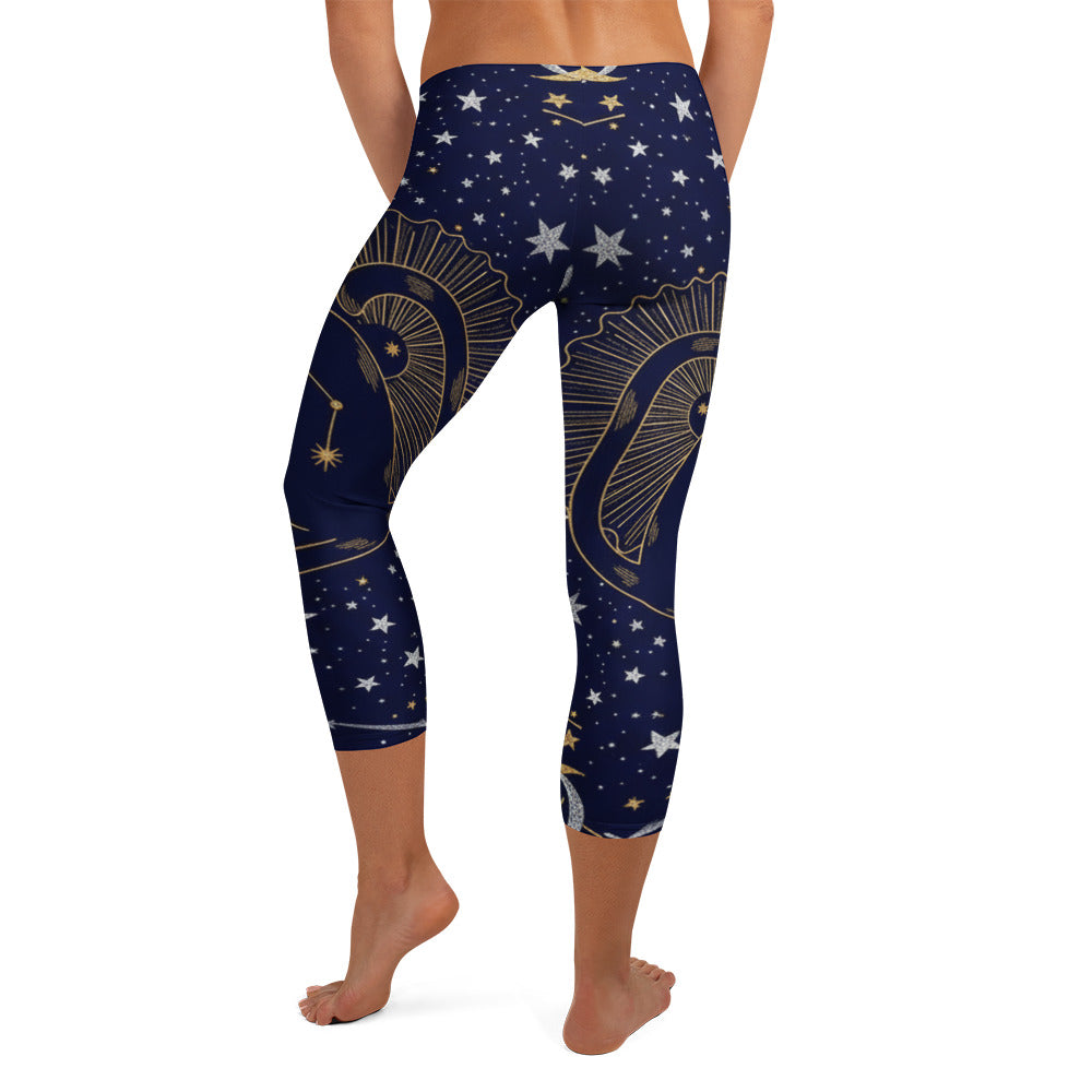 Black cat constellation design on GearBunch Capri Leggings, showcasing the all-over print and stylish activewear aesthetic.