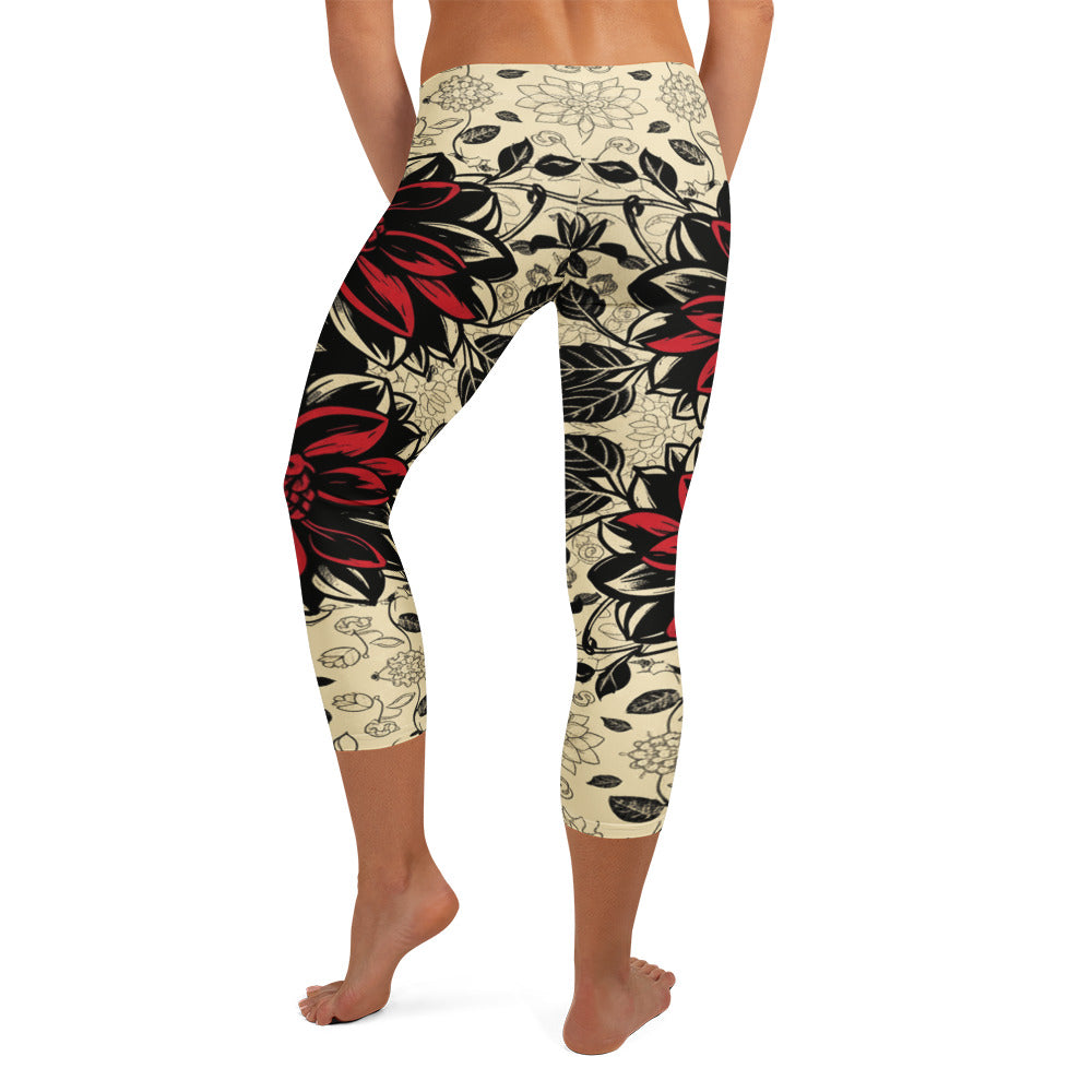 Black Dahlia Bloom Capri Leggings featuring a floral all-over print design, GearBunch Capri Leggings