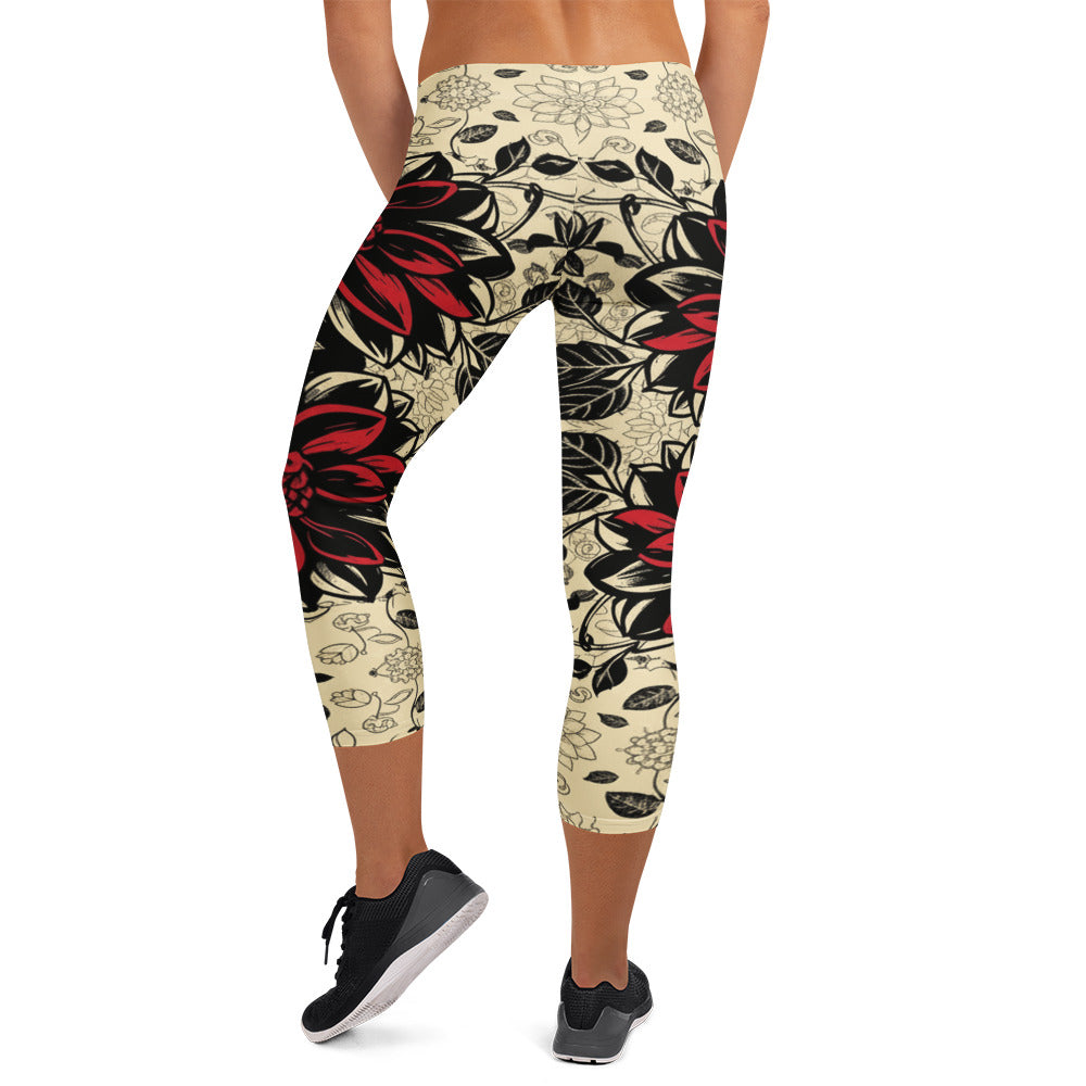 Black Dahlia Bloom Capri Leggings | GearBunch